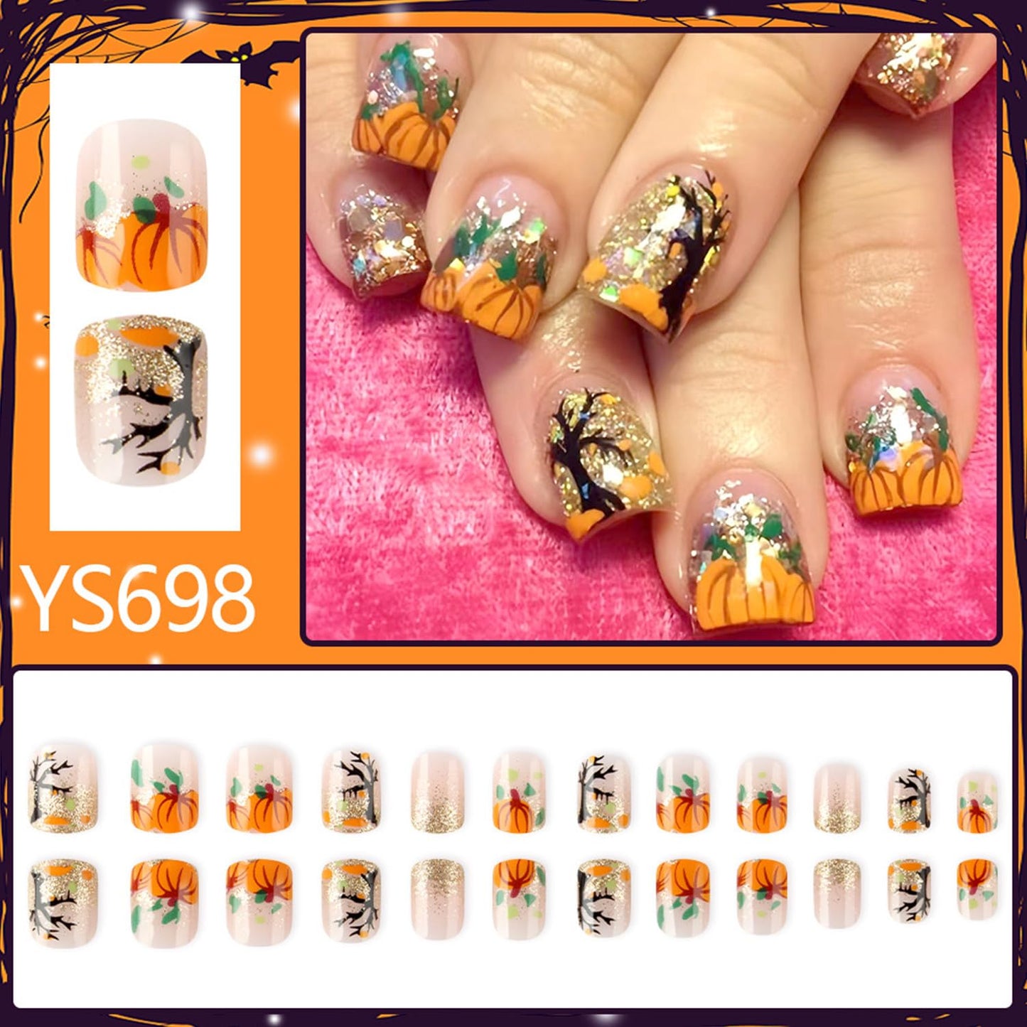 Thanksgiving Press on Nails Short Square Fall False Nail Pumpkin Glitter Sequins Pattern Acrylic Fingernails Full Cover Glossy Festival Stick on Nail Press Ons Reusable Autumn Glue on Nails for Women