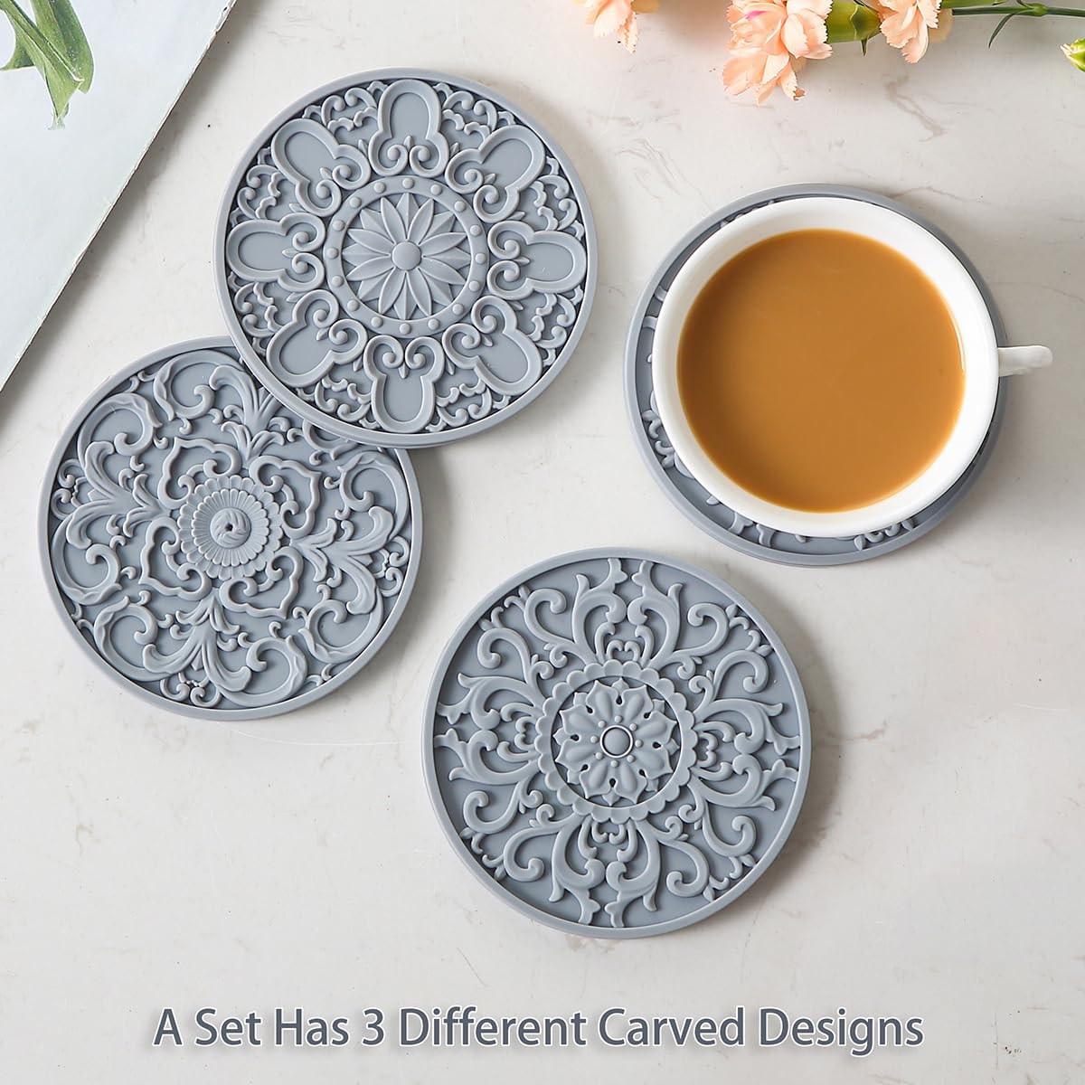 Colinda Silicone Coasters - Set of 6 with Holder, Non-Slip Cup Mats for Hot and Cold Drinks, Decorative Designs, Gift Ready Packaging, Cool Grey