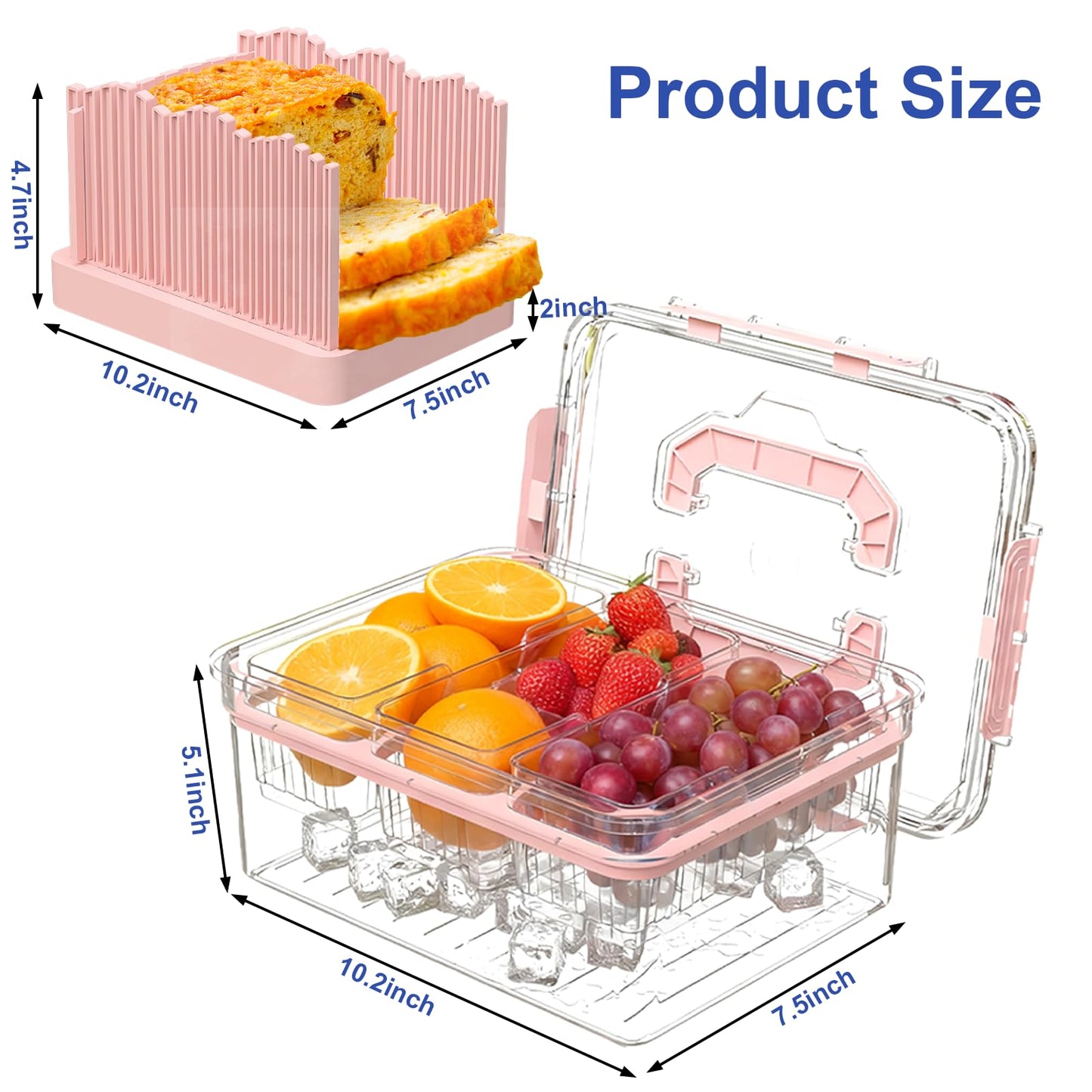 Sorgion Ice Chilled Condiment Caddy with Portable Handle, 5 Compartment Serving Tray with Built-in Bread Slicer and Ice Chamber, Clear Garnish Tray for Bar, Taco Party, BBQ, Picnic & Fruit Pink