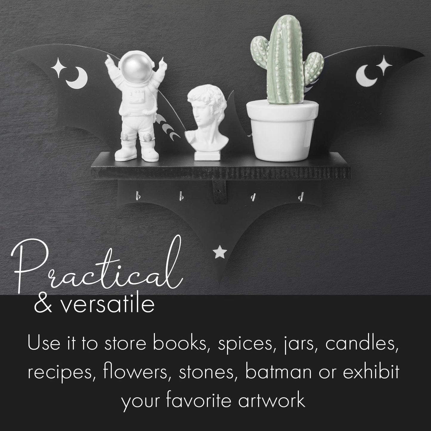 CEFLITECO Bat Shelf - Halloween Wall Decor for Kitchen and Living Room - Spooky Goth Hanging Coffin Shelf with Hooks for Oddities and Curiosities - Crystal Shelf for Display - Witchy Gifts for Women