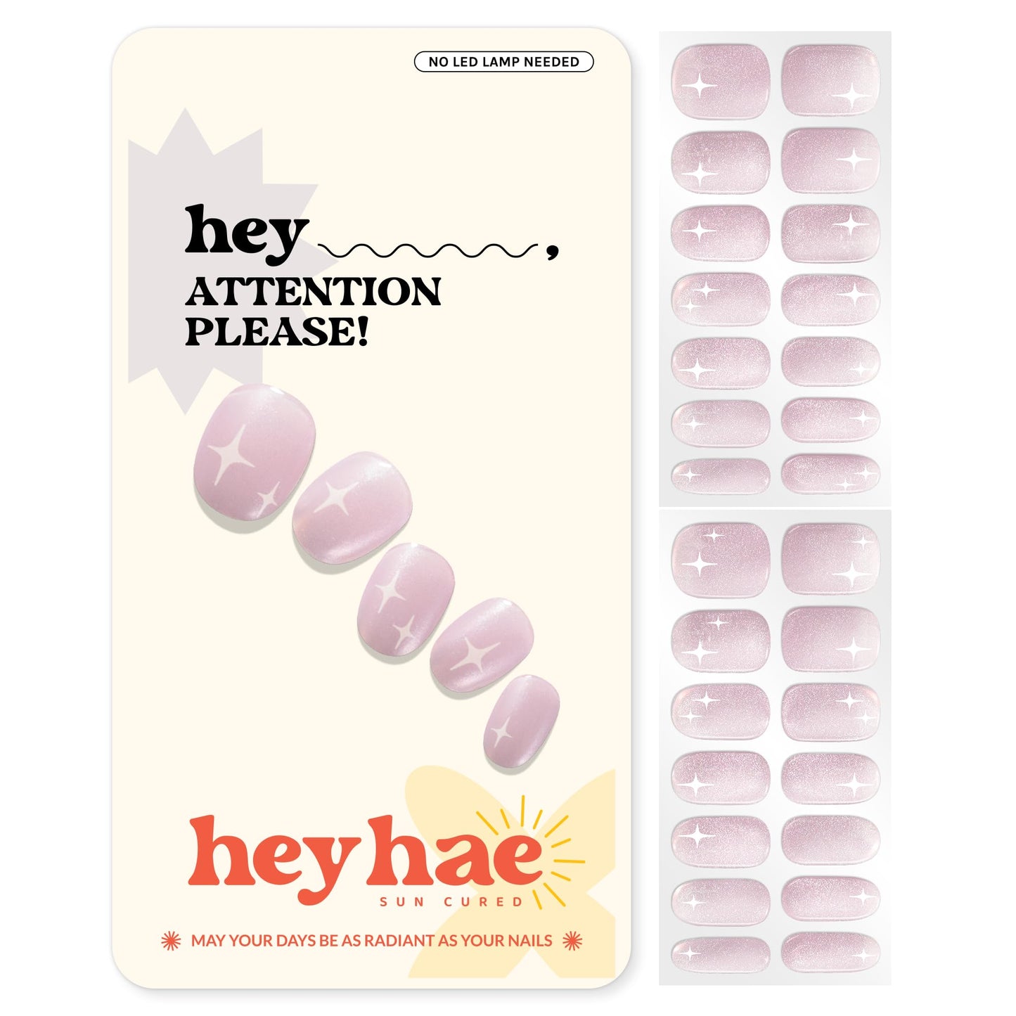 Heyhae Semi Cured Gel Nail Strips | No LED Lamp Needed | Glitter, Pink | Easy Apply & Remove, Salon Quality | Includes 28 Strips, 1 Prep Pads, Nail File & Wooden Stick - Hey, Attention Please!