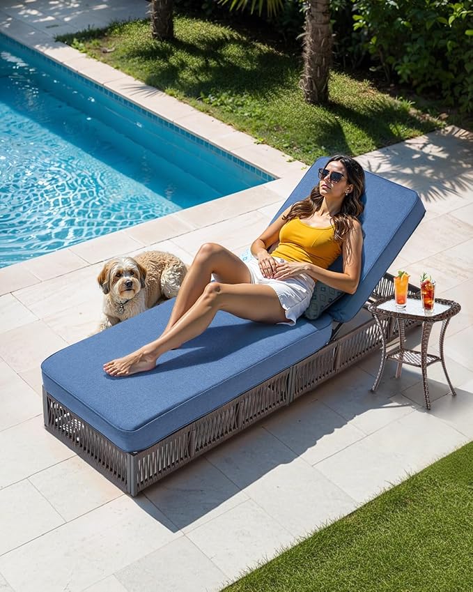 Luxury Outdoor Chaise Lounge Chairs of 4 with 5 Inch Thick Cushions and Side Table - 6 PCS High Back Brown Wicker Patio Recliners Lounger Furniture Set for Poolside Sunbathing - Navy Blue