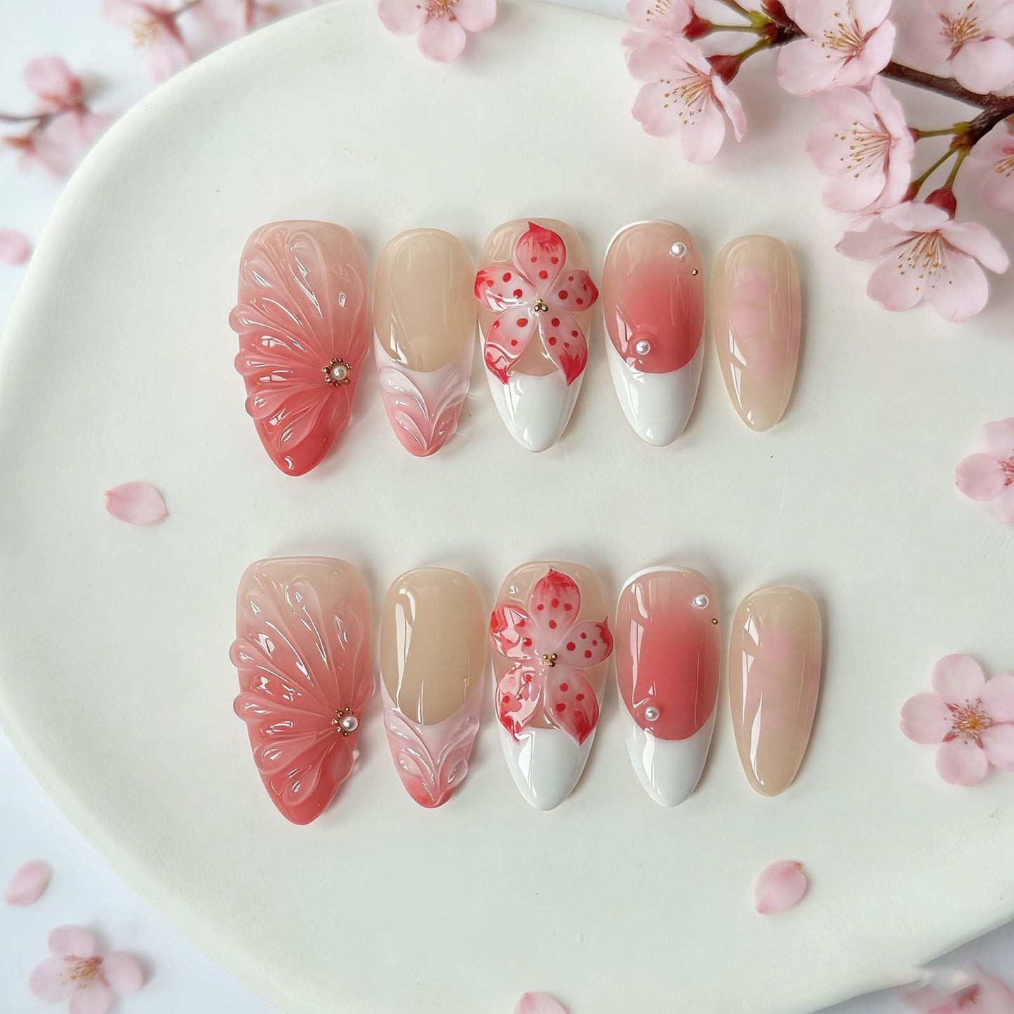 Press on Nails Pink Almond Summer Holographic Glitter False Nails with Iridescent Checkerboard Design, Reusable Fake Nails for Women 10 Piece Set M Size