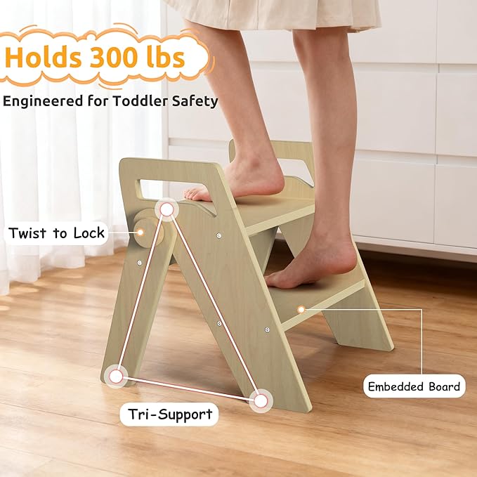 Wooden 2 Step Stool for Kids Bathroom Foldable 2-Step for Toilet Potty Training, Child Stepping Stool for Kitchen Nursery Bedroom