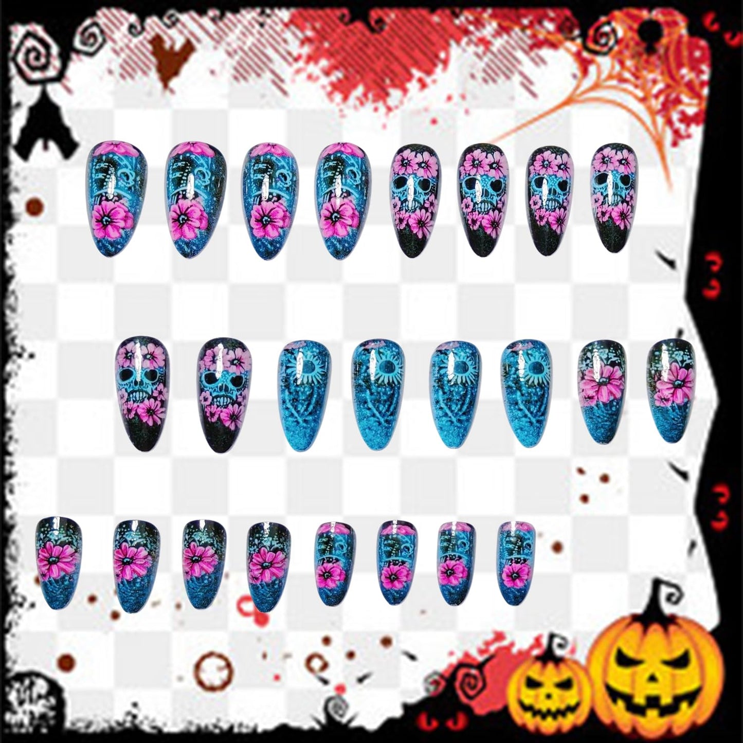 CJDLTS 24Pcs Halloween Flower Skull Press on Nails Medium Pink Floral Skull Pattern Design Halloween Nail Full Cover Glossy Artificial Acrylic False Nail French Almond Medium Glue on Nails for Women