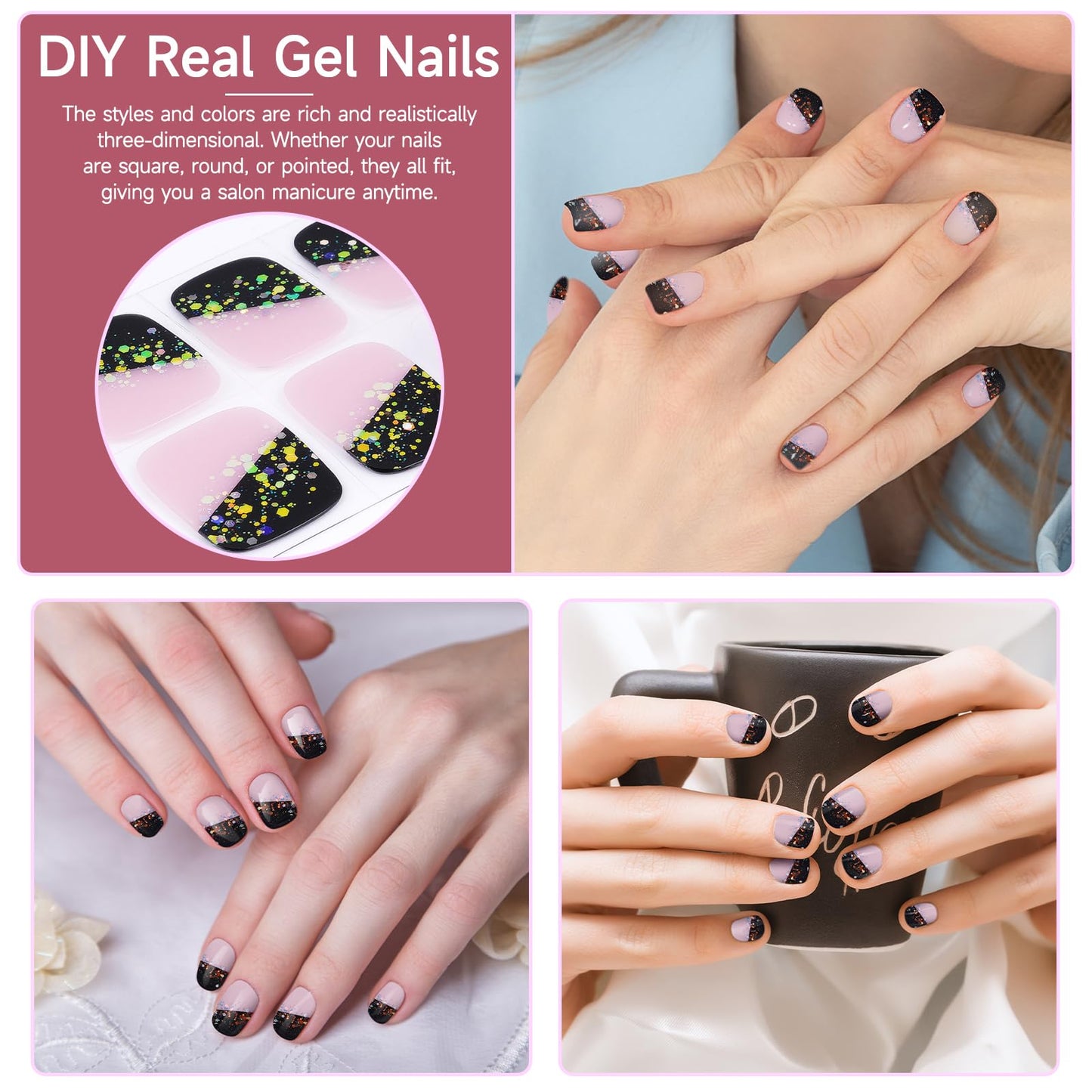 DUKASOU Semi Cured Gel Nail Strips, 56Pcs Nail Art Stickers/Wraps, Long Lasting UV Nail Polish Strips for Adults(Silver+Sequined Black)