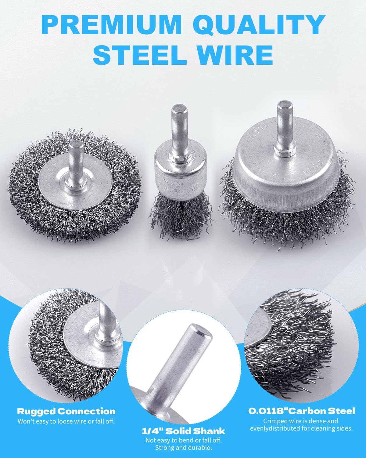 Rocaris 21-Pack Carbon Steel Wire Wheel, Cup, Pen Brush Set with 1/4-Inch Round Shank for Rust Removal, Corrosion and Scrub Surfaces
