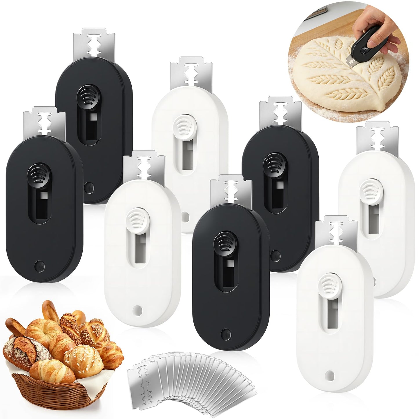 VZZNN 8 Pack Professional Bread Lame,Extractable & Magnetic Bread Lame Dough Scoring Tool for Sourdough Bread baking & Bread Making Tools Scoring Patterns booklet & 20 Razor Blades(Black+White)
