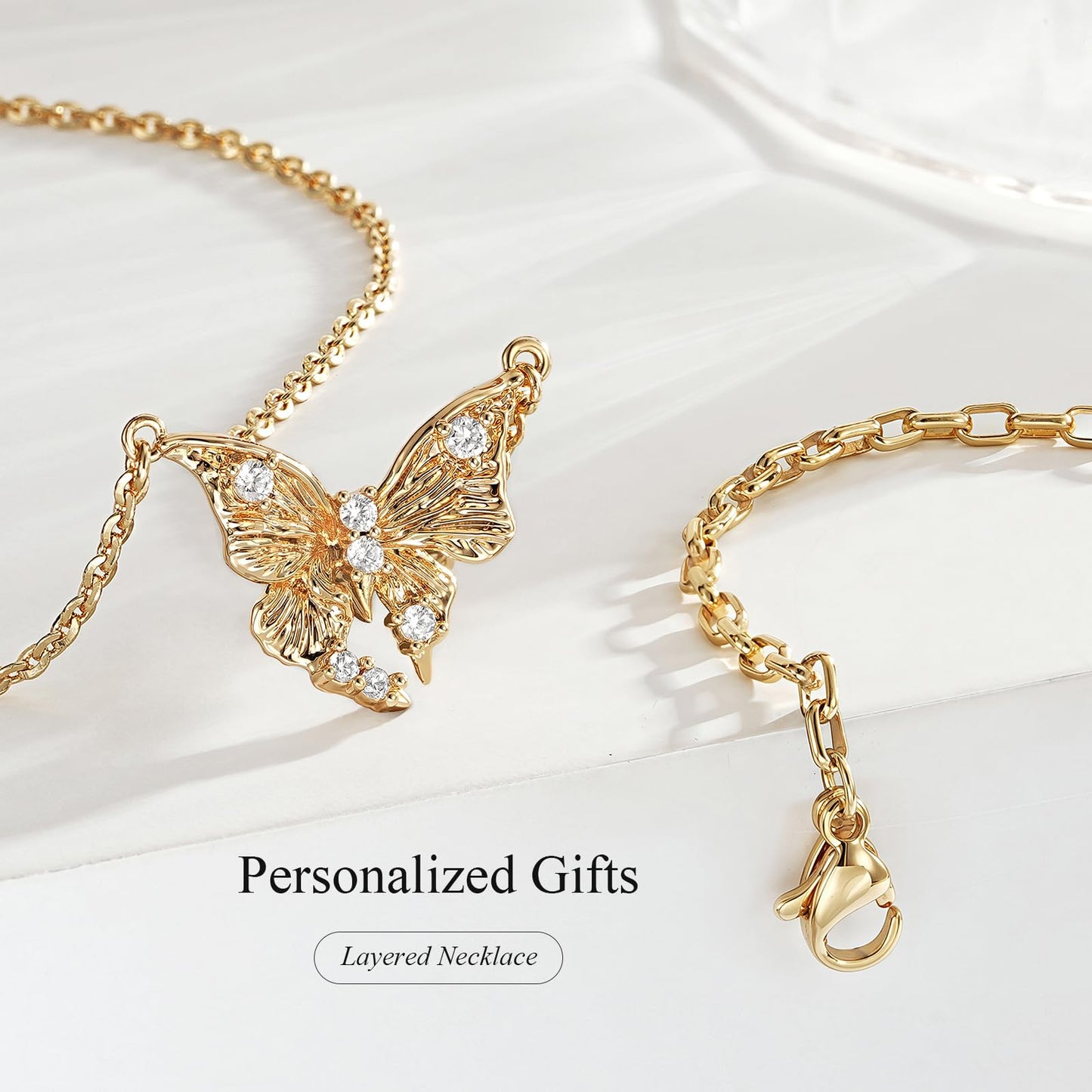 MEVECCO Gold Butterfly Layered Necklace for Women 18K Gold Plated Dainty CZ Charm Choker Cable Chain Double Layer Pendant Necklace Stack Minimalist Handmade Layering Jewelry Set Gift