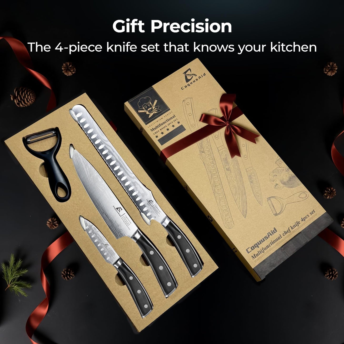 CoquusAid Kitchen Knives Set, 4 PCS Professional Chef Knife Set, Razor Sharp High Carbon Stainless Steel Knife Set, Ergonomic Handle Design, Ideal for Everyday Home Use, Perfect Gifts for Kitchen