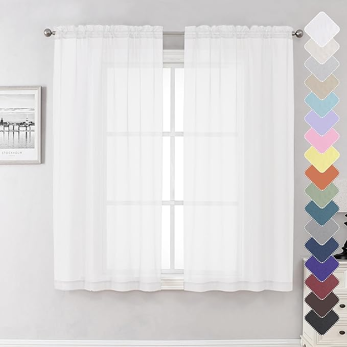 Lecloud White Sheer Curtains 63 Inch Length 2 Panels, Elegant Voile Drapes for Dinning Small Windows, Light Filtering Gauzy Curtain for Living Room Bedroom Bathroom, Dual Rod Pocket, 40" W x 63" L