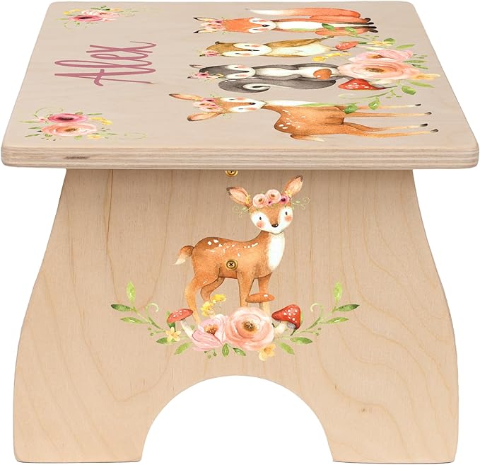 Step Stool for Toddlers- Personalized Wood Kids Step Stool with Name for Kitchen Sink, Bathroom, Potty Training, Toilet, Kitchen Sink- Sturdy and Safe- Made in USA by BloomOwl (Woodland- Girl 2)