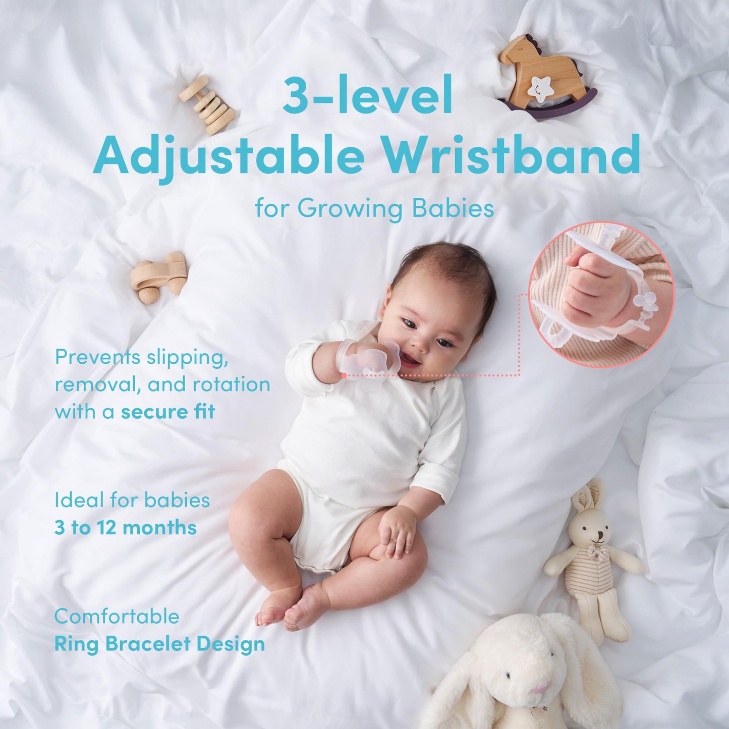 MEDITOY Premium Baby Hand Teether – Soft & Hygienic Soothing Aid for Teething Discomfort in Babies 3-12 Months, BPA-Free LSR Silicone, Adjustable Wristband, Easy to Clean, Made in Korea