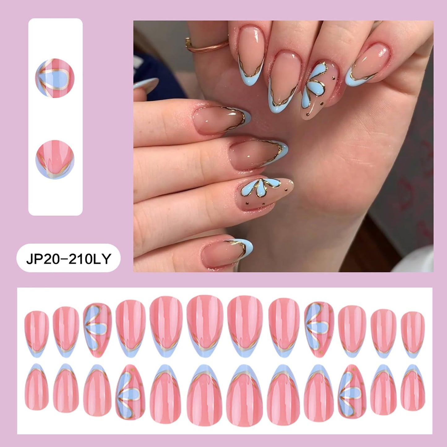 French Tip Press on Nails Medium Almond Acrylic False Nails Nude Ombre Blue Fake Nails Flower Gilding Full Cover Stick on Nails for Women Manicure Decoration 24Pcs