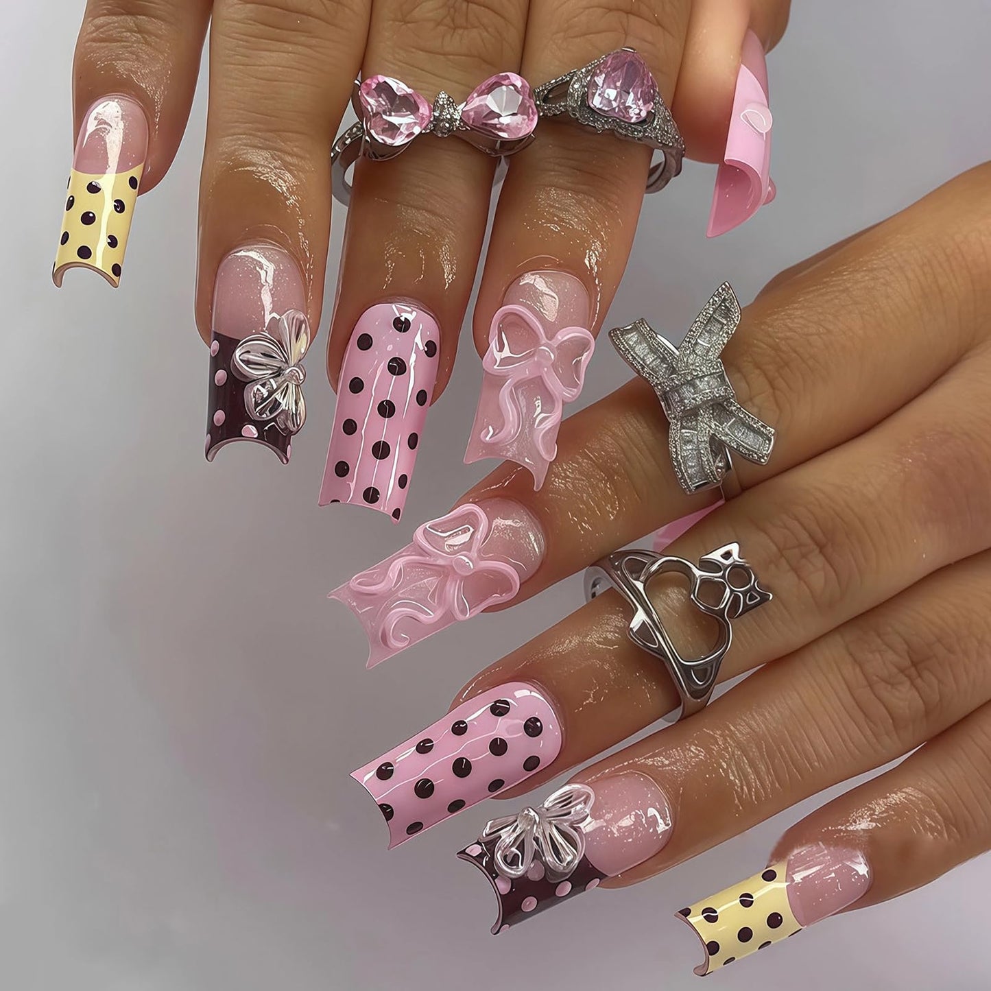 MISUD Press on Nails - Long Square Fake Nails with Pink Yellow, Acrylic Polka Dot Flower Bow Design 24 pcs