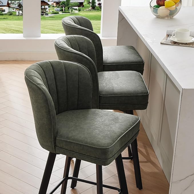 Swivel Counter Height Bar Stools Set of 4, 26'' Modern Barstools with Backs and Metal Legs, Upholstered Bar Chairs, Faux Leather Green Stools for Kitchen Island Chairs
