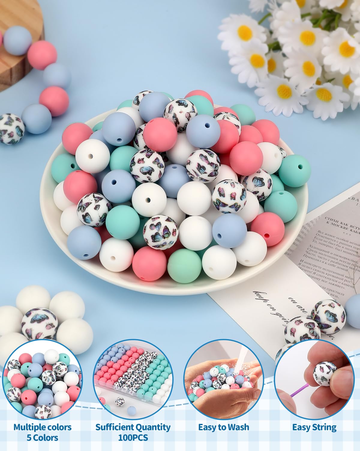 SALUOKE 100 Pcs 15mm Silicone Beads for Keychain Making, Butterfly Silicone Beads Bulk Round for Bracelets Pens Crafts Jewelry Making (Butterfly)
