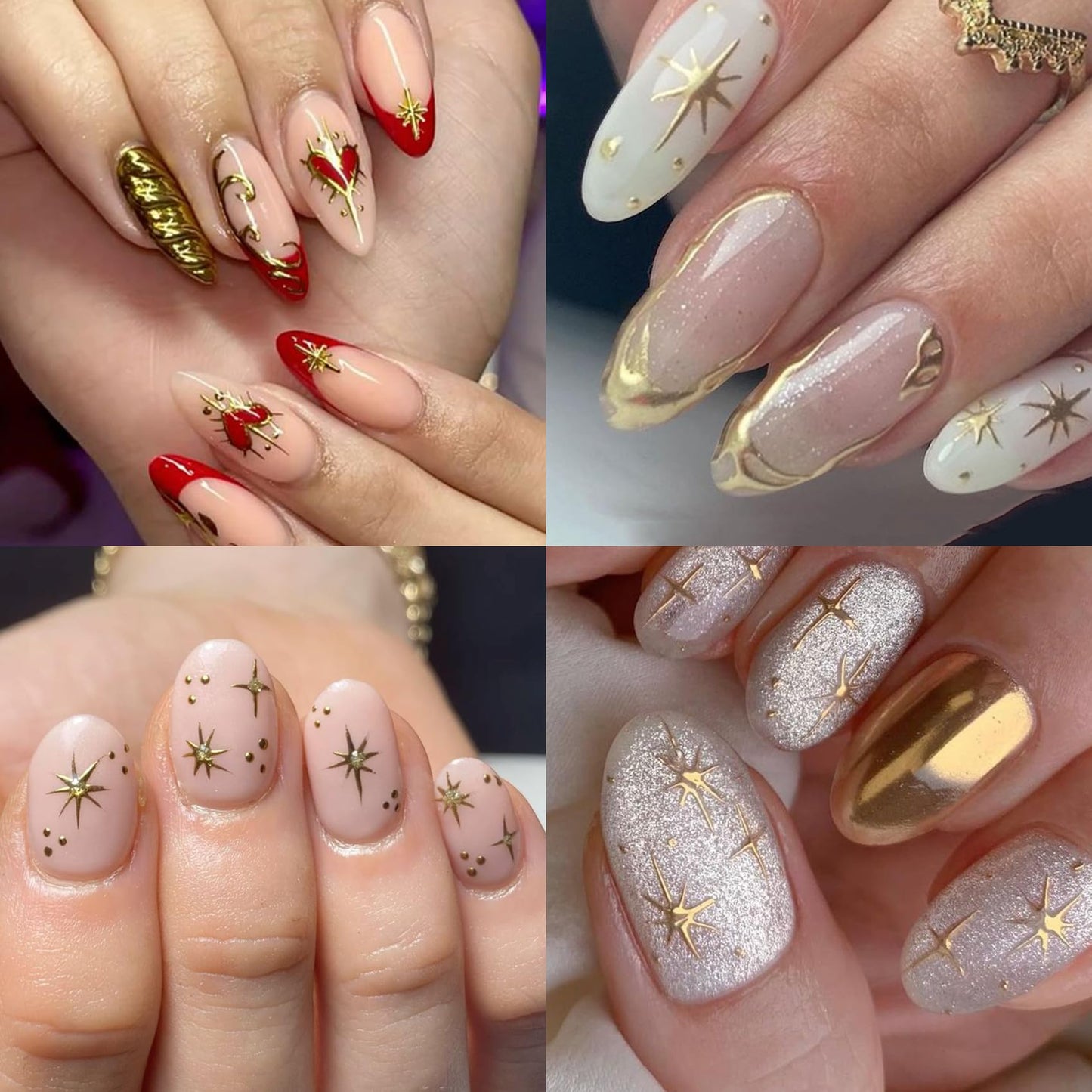 IDDFEVE Gold Heart Nail Art Stickers - Valentines Day Star Self-Adhesive 3D Nail Decals for DIY Golden Manicure (6 Sheets)