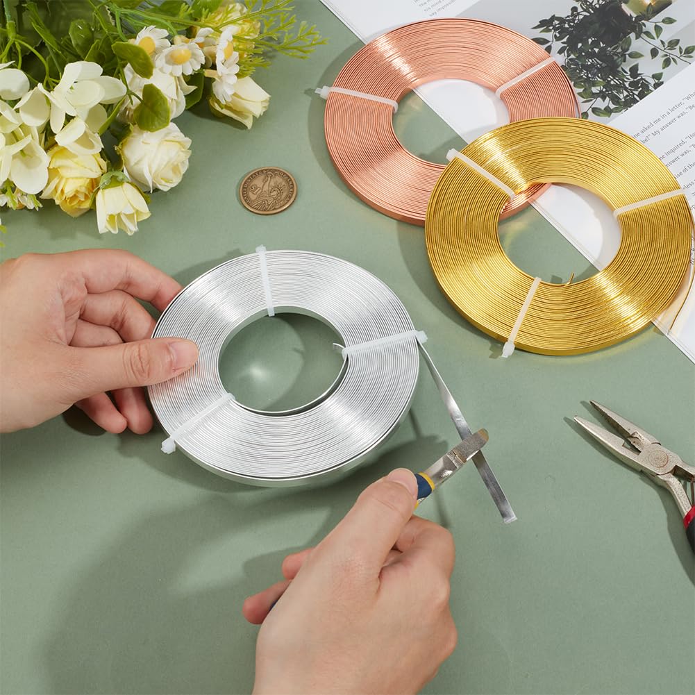 BENECREAT 98.43FT Flat Aluminum Wire, 5mm Wide Tarnish Resistant Jewelry Bezel Wire for DIY Crafts Jewelry Making(3 Colors, 32.8 Ft/Roll)