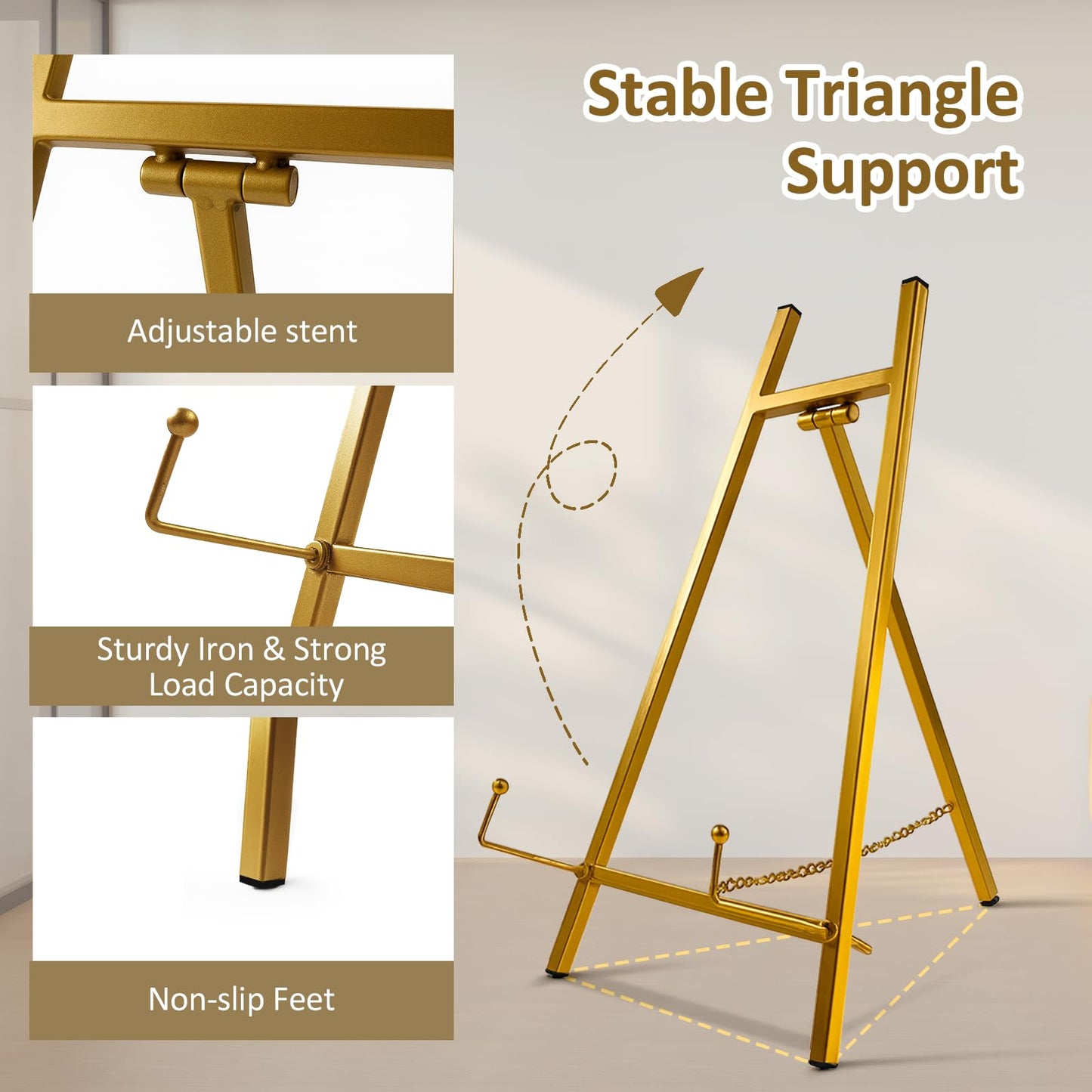 Falling in Art Metal Easel Stand, 16.5" Table Top Easel Stand for Display, Tripod Mirror Plate Stand Holder for Photos, Books and Wedding Signs, Gold