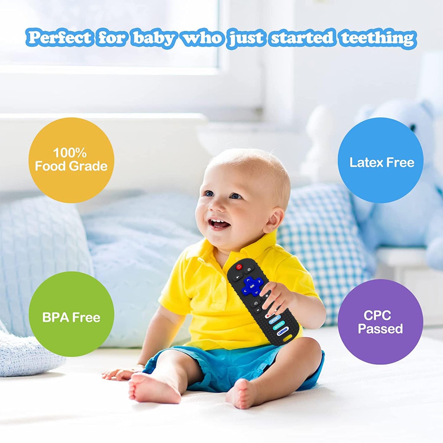 ERSIHUA 2-Pack Baby Teething Toys-TV Remote Control Shape Silicone Infants Teething Toys for Babies 0-18 Months,BPA-Free (Black+Blue)