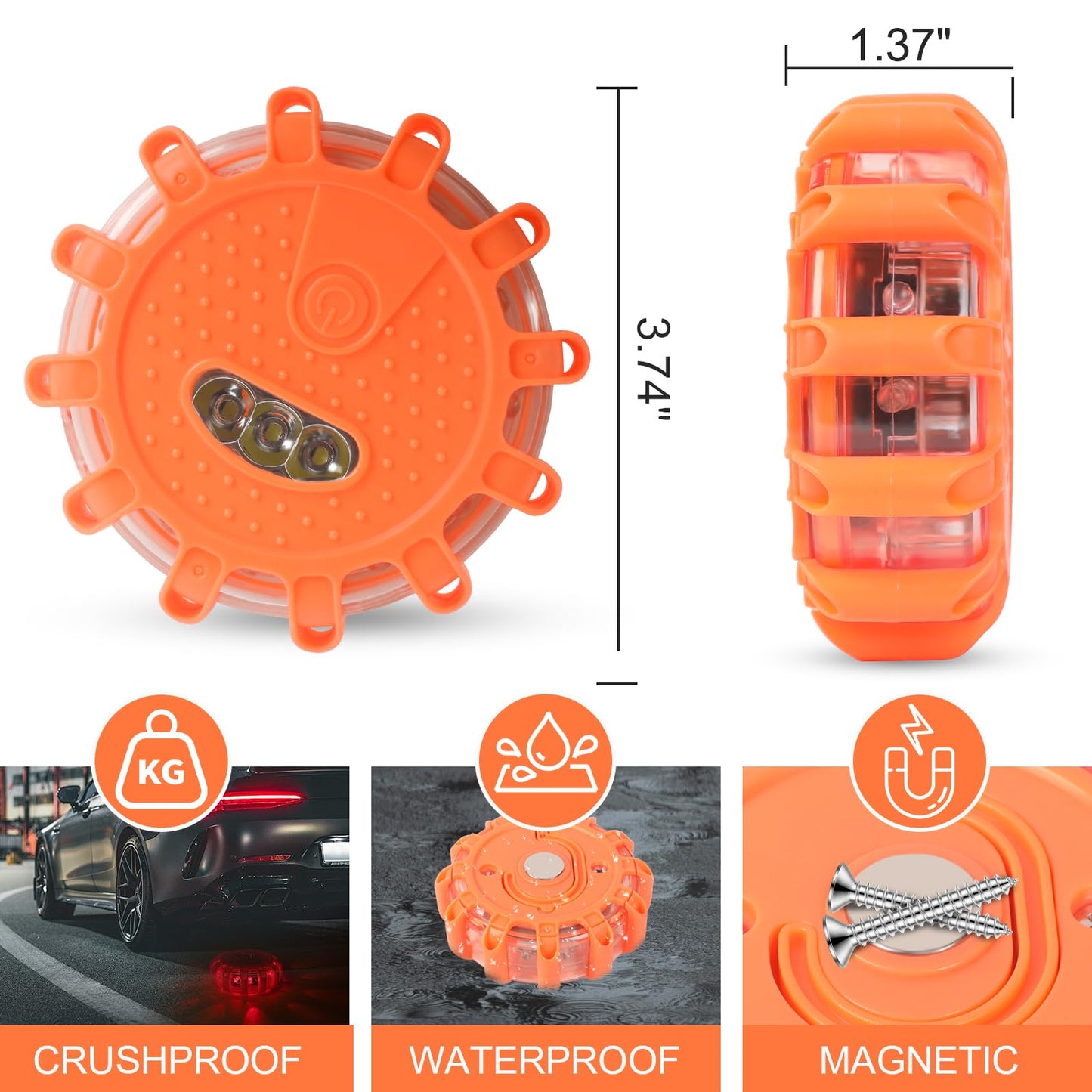 Yinaolan 3 Pack LED Road Flares Emergency Kit, Battery Powered Strobe Warning Lights with Strong Magnetic Base & Hook for Car, Truck, Vehicle Roadside Safety, 9 Flashing Modes (Batteries Not Included)