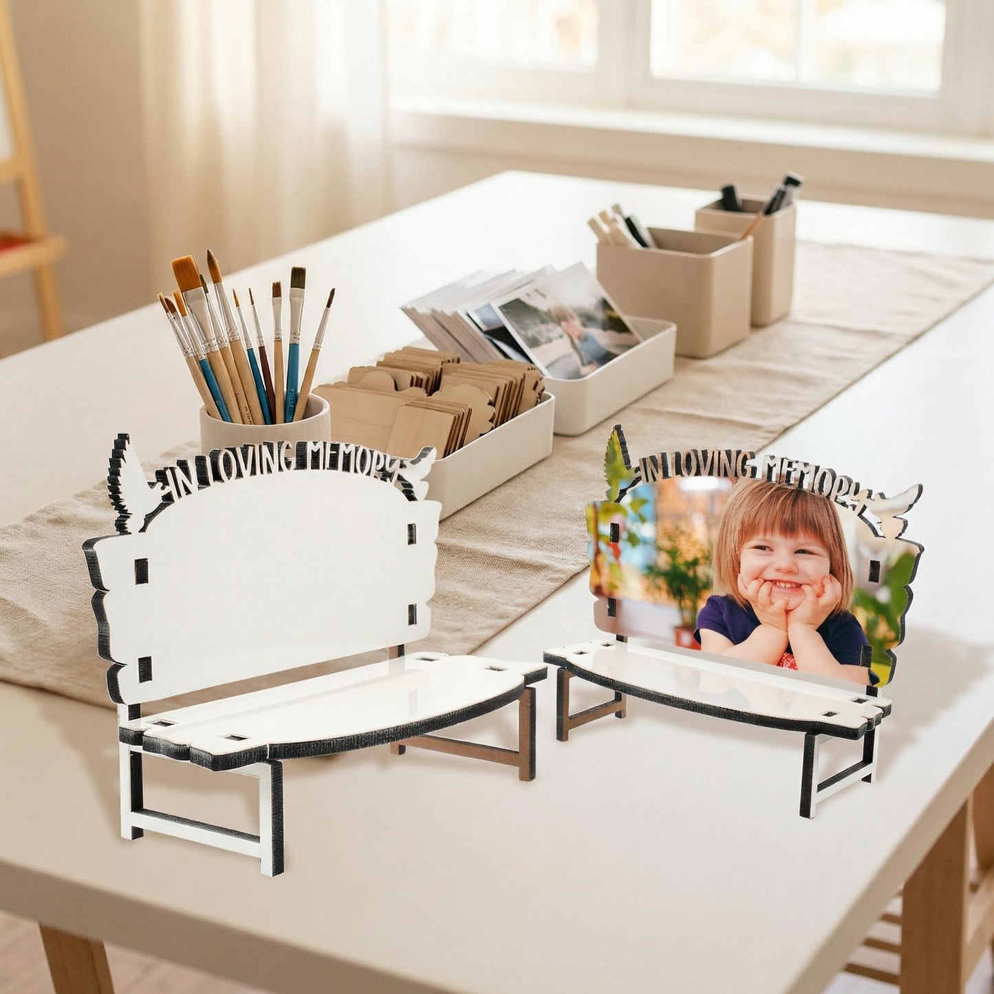 STOBOK 4Pcs Sublimation Bench Blanks, Wooden Photo Frame Ornament Heat Transfer White Bench Shaped Tabletop Display for Memorial Decor and DIY Keepsake Crafts, 7.09 x 11.02 x 5.71 in