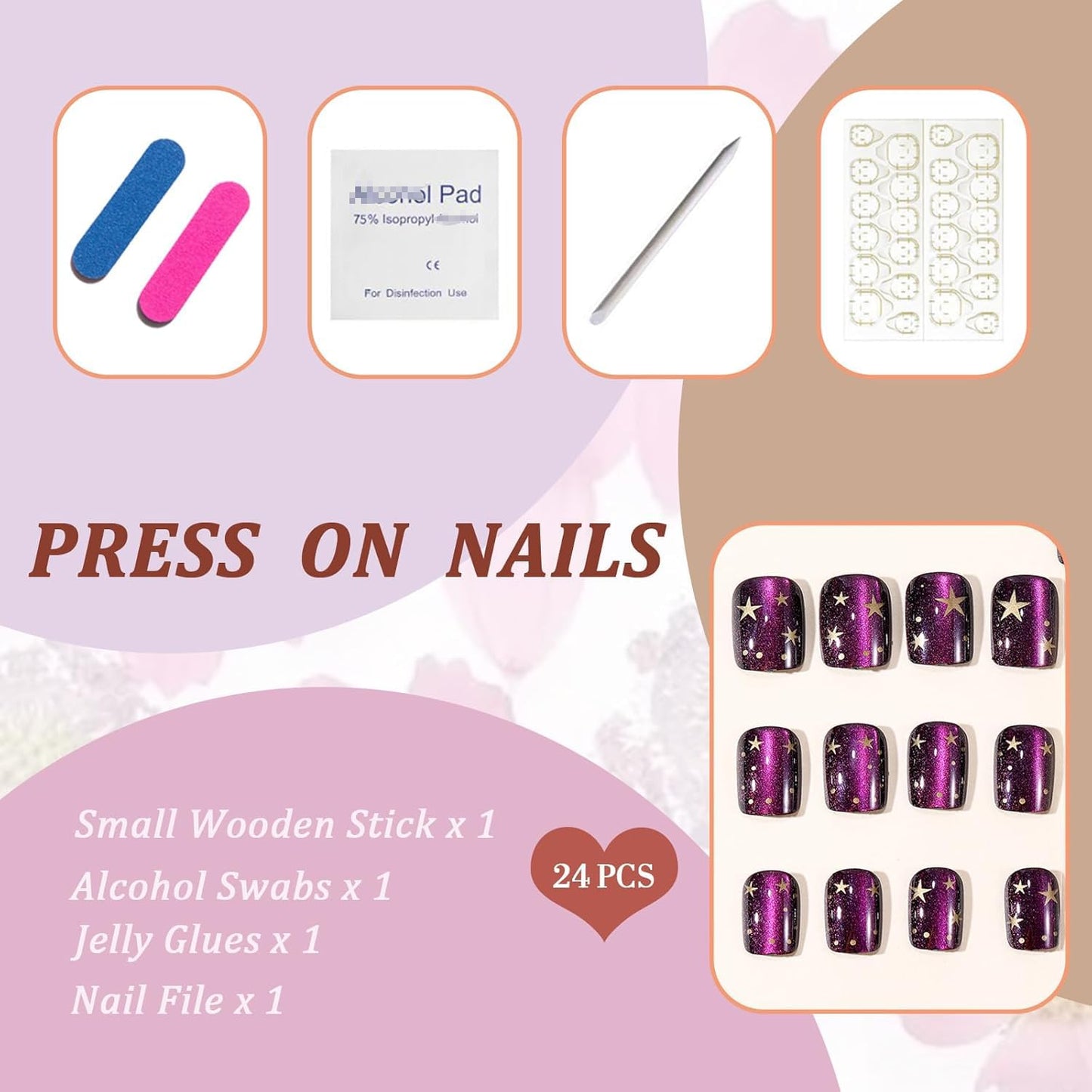 Purple Press on Nails Cat Eyes Short Square Ombre Nails press ons Polka Dot Fake Nails with Gold Star Designs Spring Summer Nails Tips Full Cover Acrylic Reusable Fingernails Stick on Nails for Women