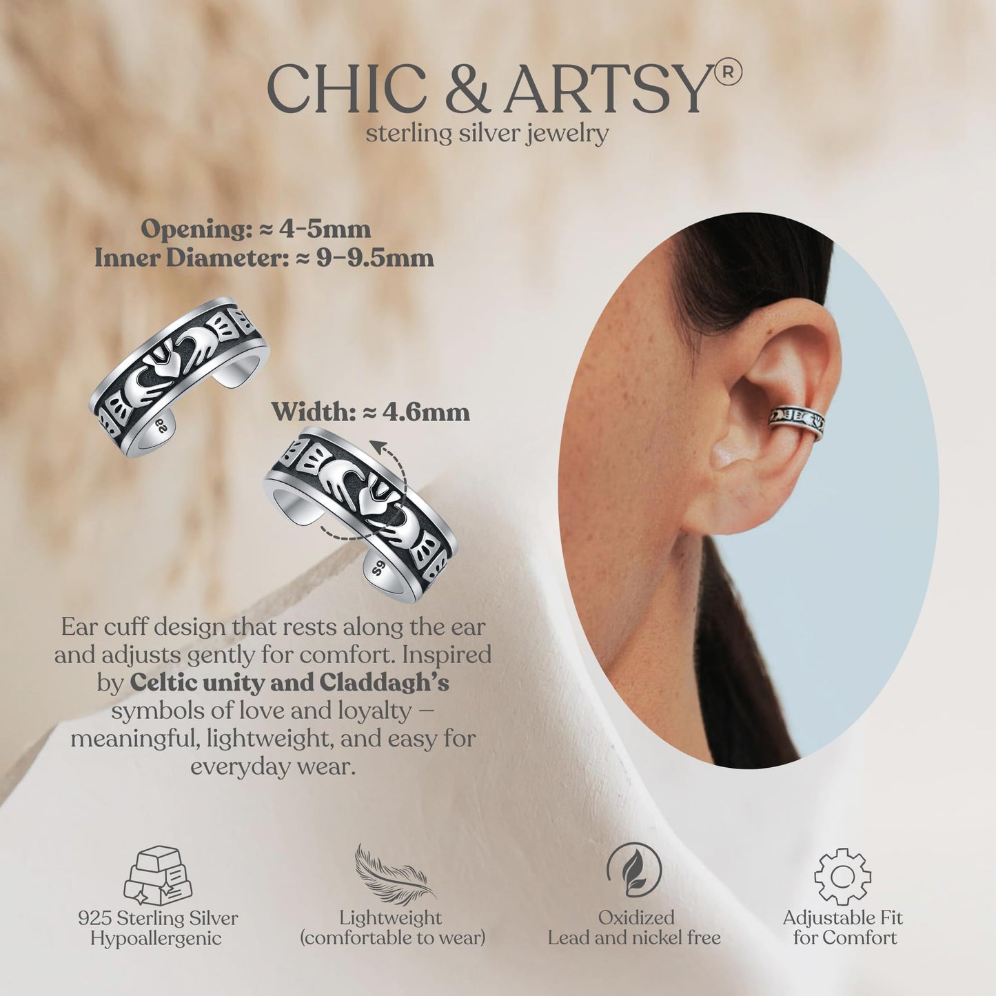 Ear Cuffs 925 Sterling Silver Claddagh Ear Cuffs Non Piercing Fake Conch Clip on Earrings for Women Adjustable