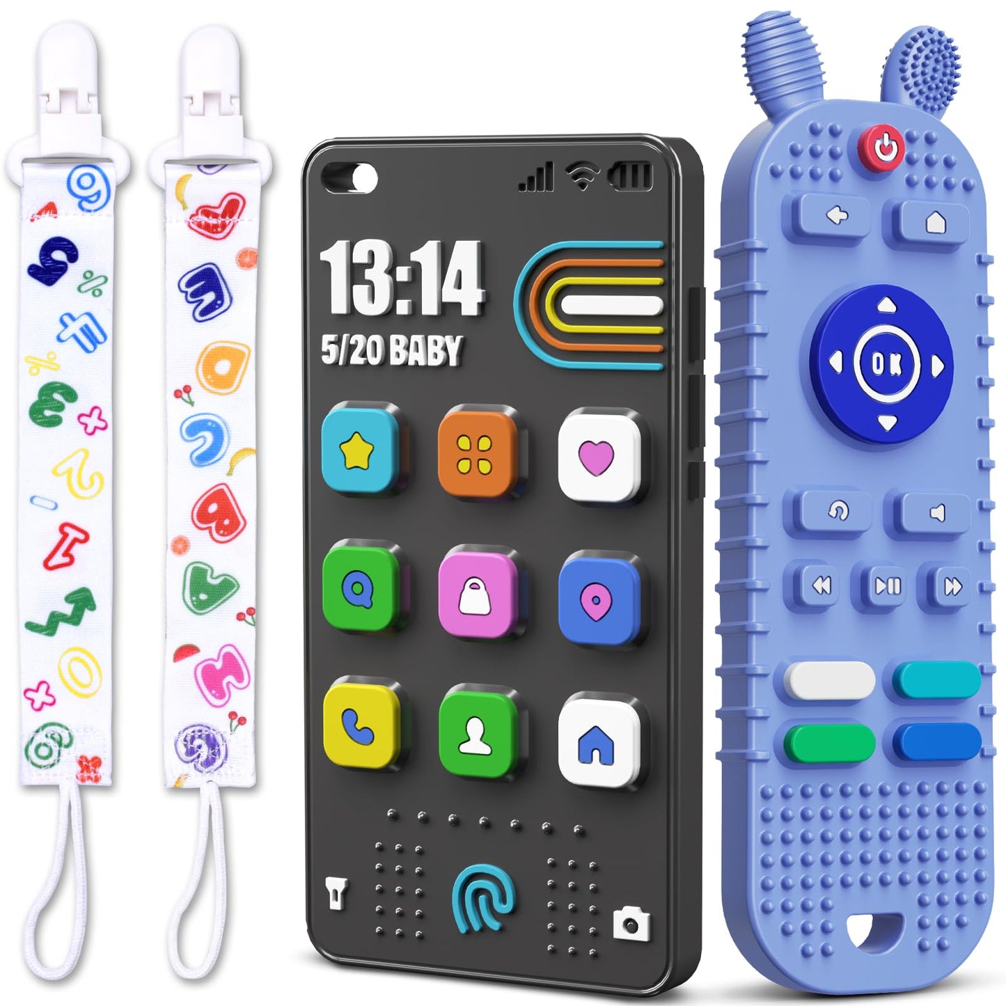 Kaodezhu TV Remote Control Shape Baby Teething Toys and Phone Shape Teether Toys for Babies 6-12 Months, Soft Flexible Silicone Chew Toys for Baby - Black Blue