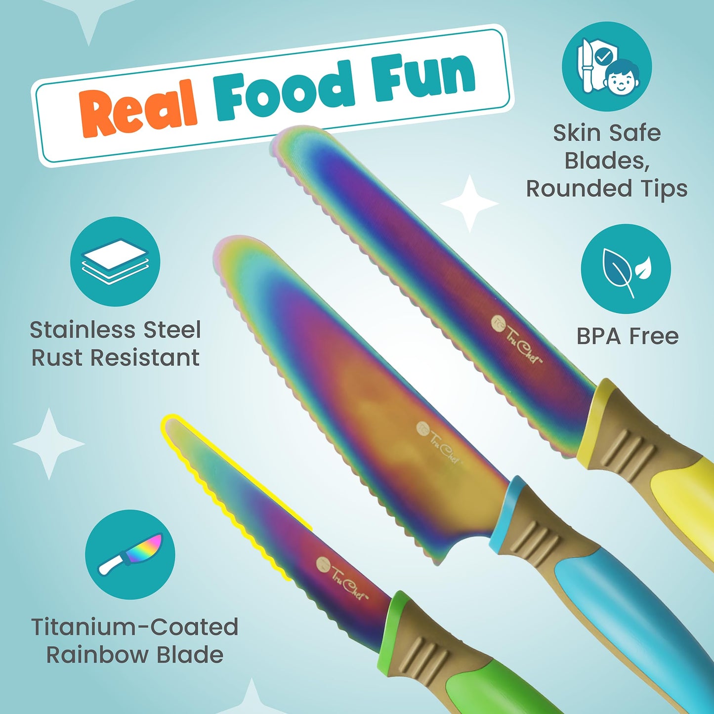 TruChef Kids Knife Set for Real Cooking | Skin Safe Chef Set for Ages 3+ with Rainbow Blades, Cutting Board, Scraper, Recipe Cards | Jr Chef Cooking Gift for Teens & Kids (16 Pcs)