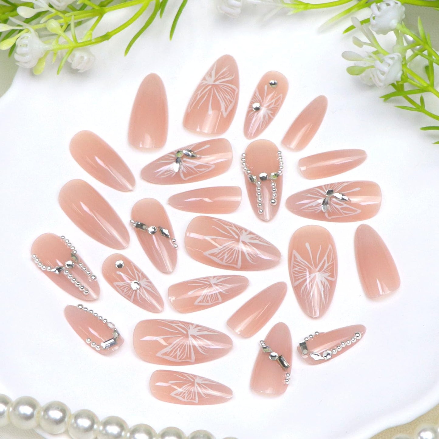 Almond Press on Nails Medium Fake Nails with Pearls Rhinestones Butterfly Designs Glossy Glue on Nails Press ons Pink Full Cover Artificial Stick on Nails for Women 24Pcs