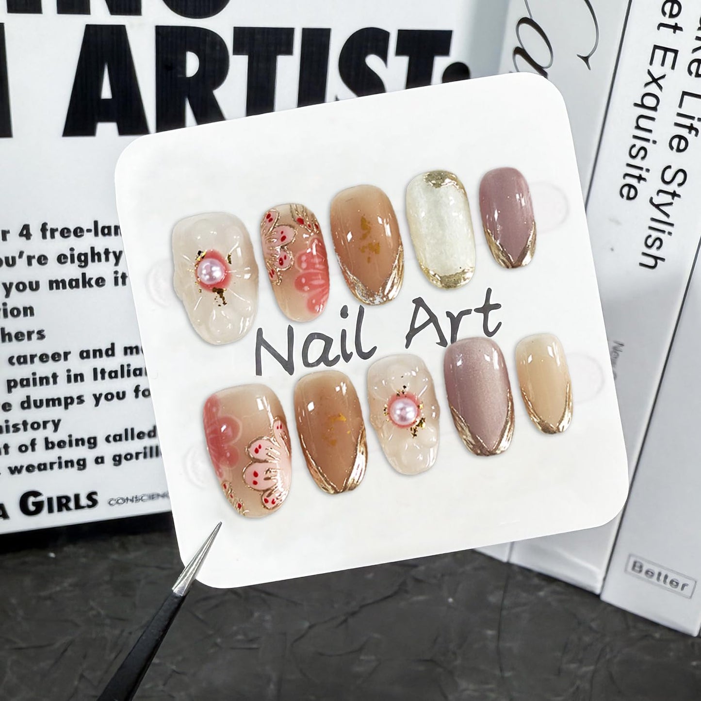 Pink Flower Press on Nails Luxury 3D Pearl Embossed Designs Muti-Layer Gel False Nails Full Cover Short Almond Acrylic Nails Handmade Press on Nails French Tip Stick on Nails for Women (Size M)
