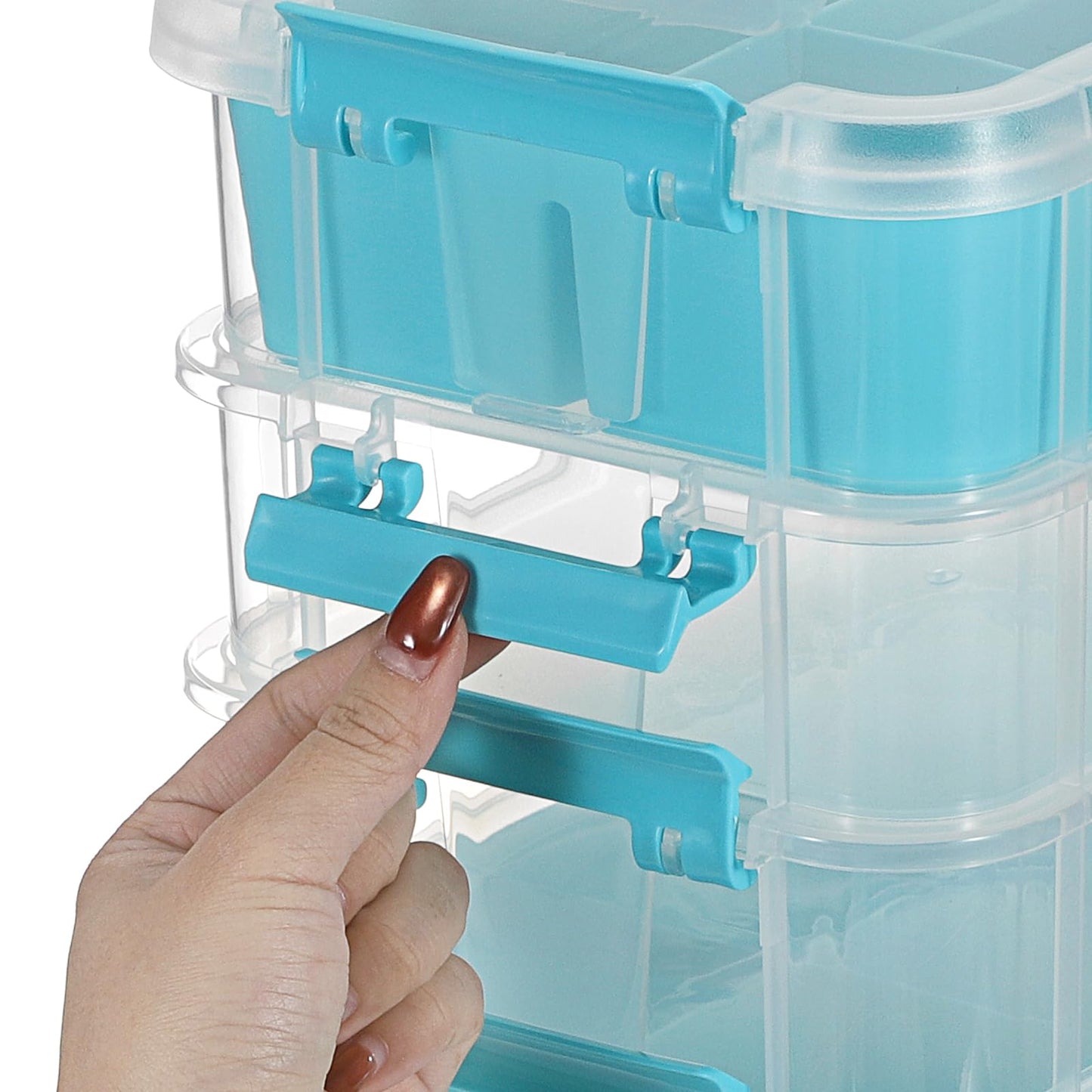 JUXYES 4-Tiers Stack Carry Storage Box With 2 Divided Tray, Transparent Stackable Storage Bin With Handle Lid Latching Storage Container for School & Office Supplies, Blue