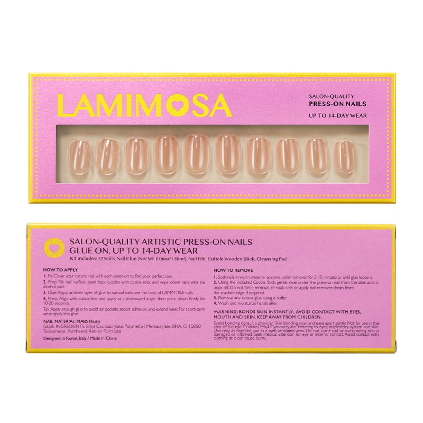 LAMIMOSA 32Pcs Chrome Nude Press On Nails Short Square - Soft Gel Fake Nails in 16 Sizes, Reusable Glue on Nails kit in Glazed Finish, CHAMPAGNE