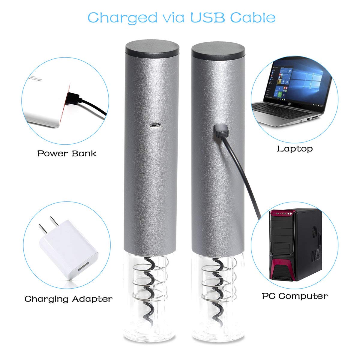 Electric Wine Bottle Opener Automatic Wine Opener Rechargeable Electric Corkscrew with Wine Aerator,Foil Cutter,Wine Stopper,USB-C Charge Cable, Perfect Mothers Day Gifts(Silver)