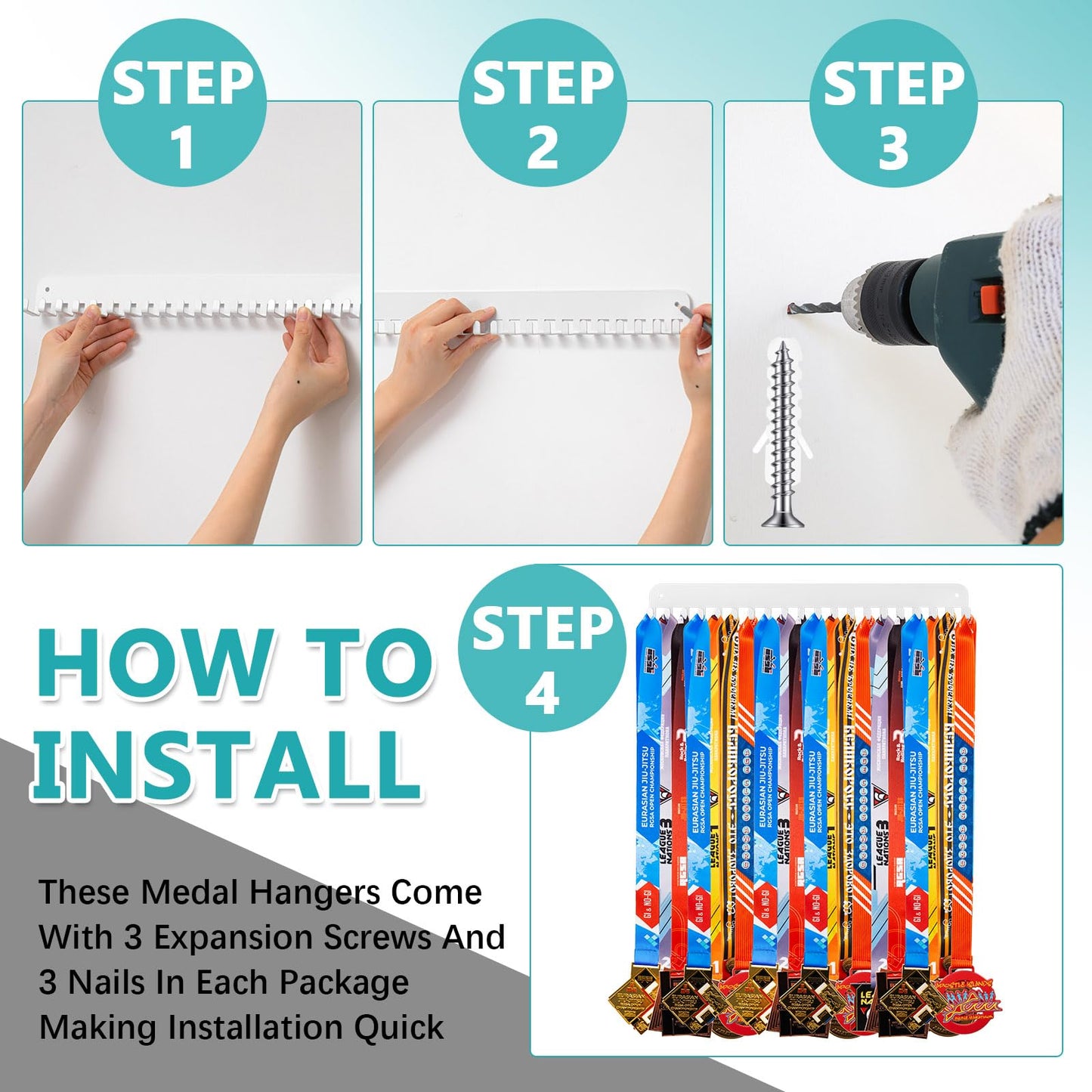 Geetery 4 2/4 Pack Medal Hanger Display with 20 Hooks Each, Steel Wall Mount Medal Holder Rack Holds 60+ Awards for Marathon Running Soccer Wrestling Gymnastics Swimming, Easy to Install (White)