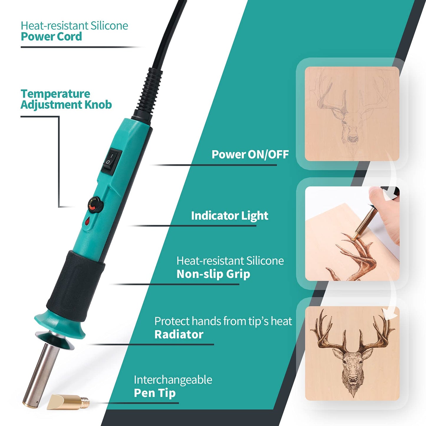 YIHUA 930-IV Pyrography Wood Burning Pen Kit Adjustable Temperature, Power Switch, Heat Deflector, Rubber Grip with 10 Pyrography Tips, 2 Wood Pieces, Flip-Up Pen Stand, for Woodburning DIY Crafts
