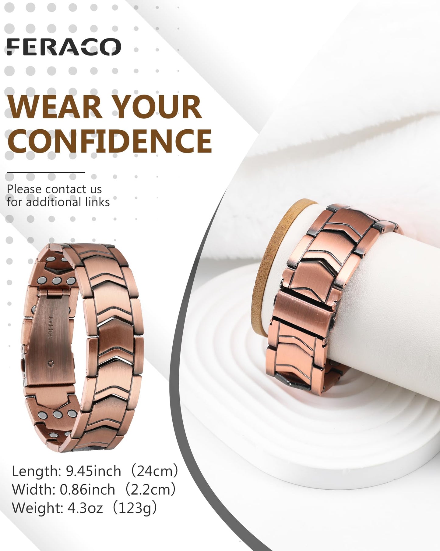 Feraco 3X Strength Copper Magnetic Bracelet for Men - 99.99% Pure Copper with 3800 Gauss Magnets