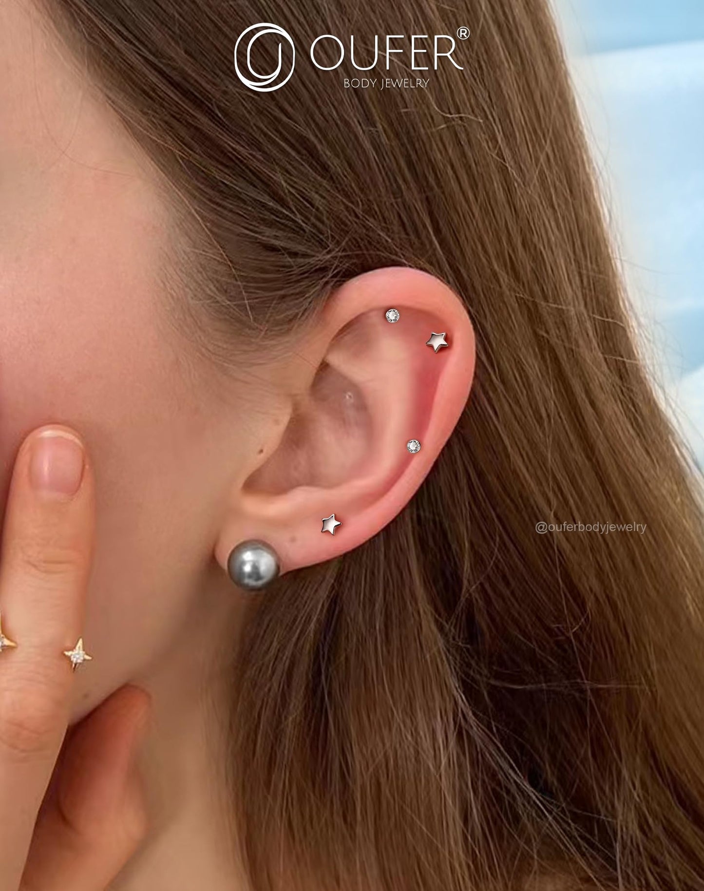 OUFER 2Pcs Tragus Piercing Jewelry, 16G G23 Solid Titanium Threadless Stud Earrings Flat Back Star Shaped 3MM CZ Silver Helix Cartilage Conch Tragus Earrings for Women Men-8MM