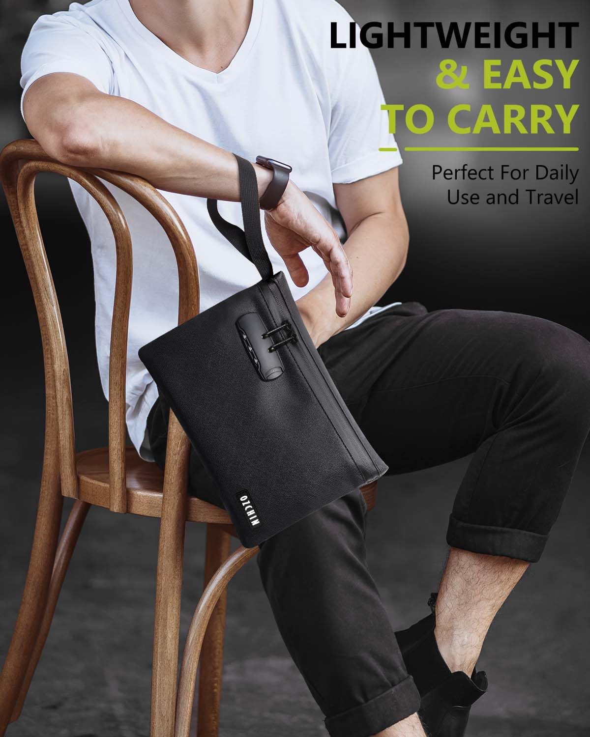 OZCHIN Smell Proof Bag with Combination Lock Certificate Organiser 10'' X 7'' Great Gift Sets Ideal Set PU Leather Lockable Travel Storage for Men Women, Classic, Daily Bag (Black Kit)