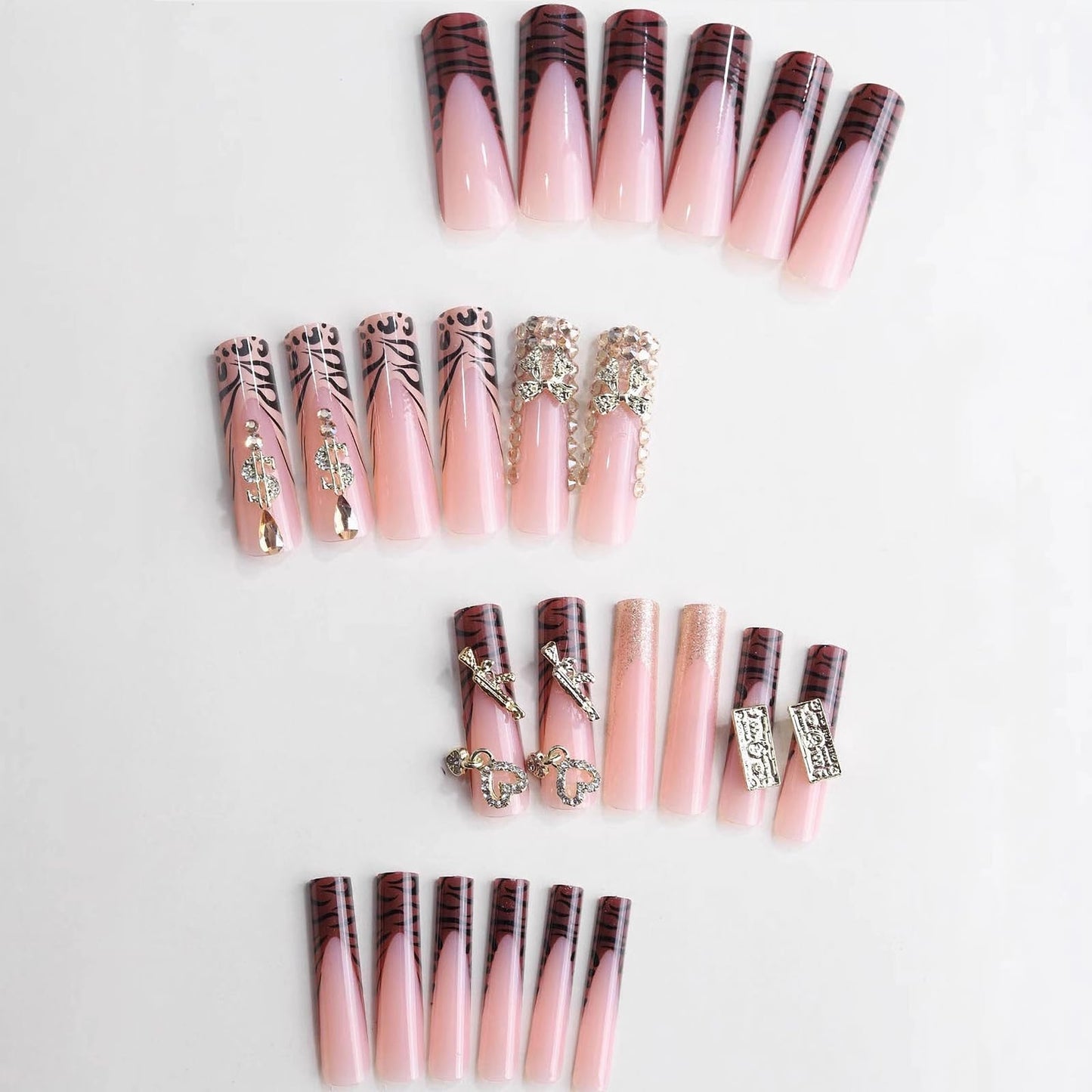 MISUD Press on Nails - Extra Long Square Glue on Nails with Fall Brown, Acrylic Money Charms Design 24 pcs