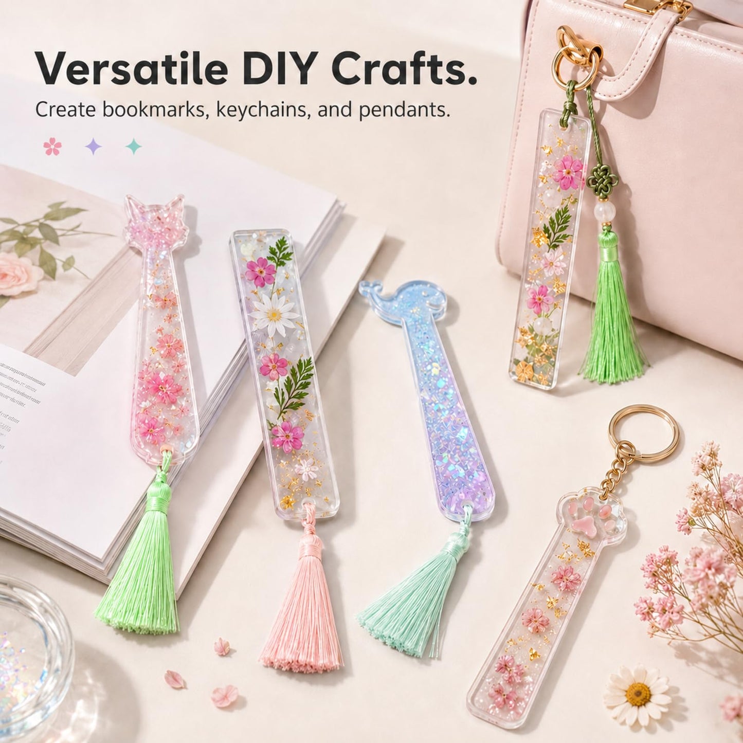SANFUHOM Resin Bookmark Molds Kit, Silicone Epoxy Casting Mold with 40 Tassels, 4 Shapes Cat Paw Kitty Dolphin Rectangle Craft Tool for DIY Jewelry Making