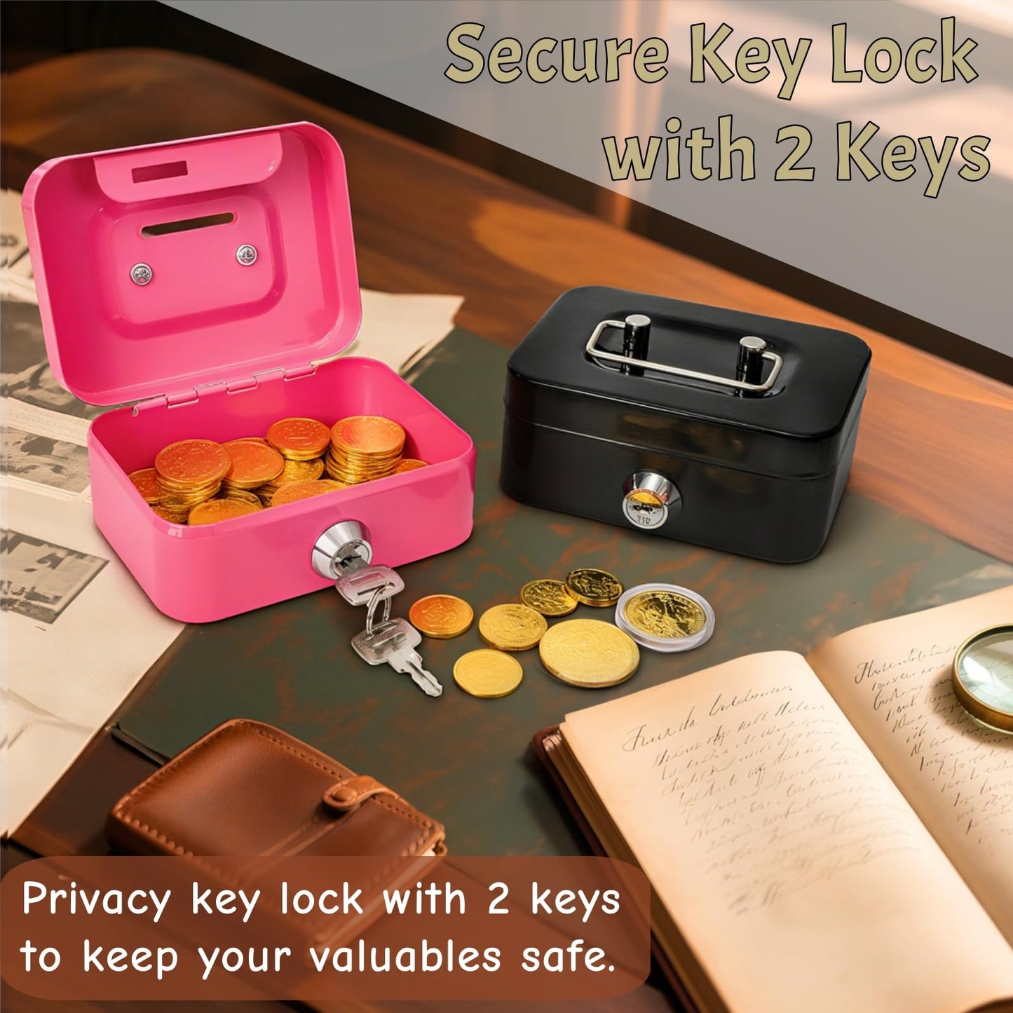 Jowgut 4 Pack Mini Cash Box, Small Metal Money Box with Key Lock, 4.5"L × 3.3"W × 2"H Durable Safe Coin Organizer Bank for Christmas New Year Gift