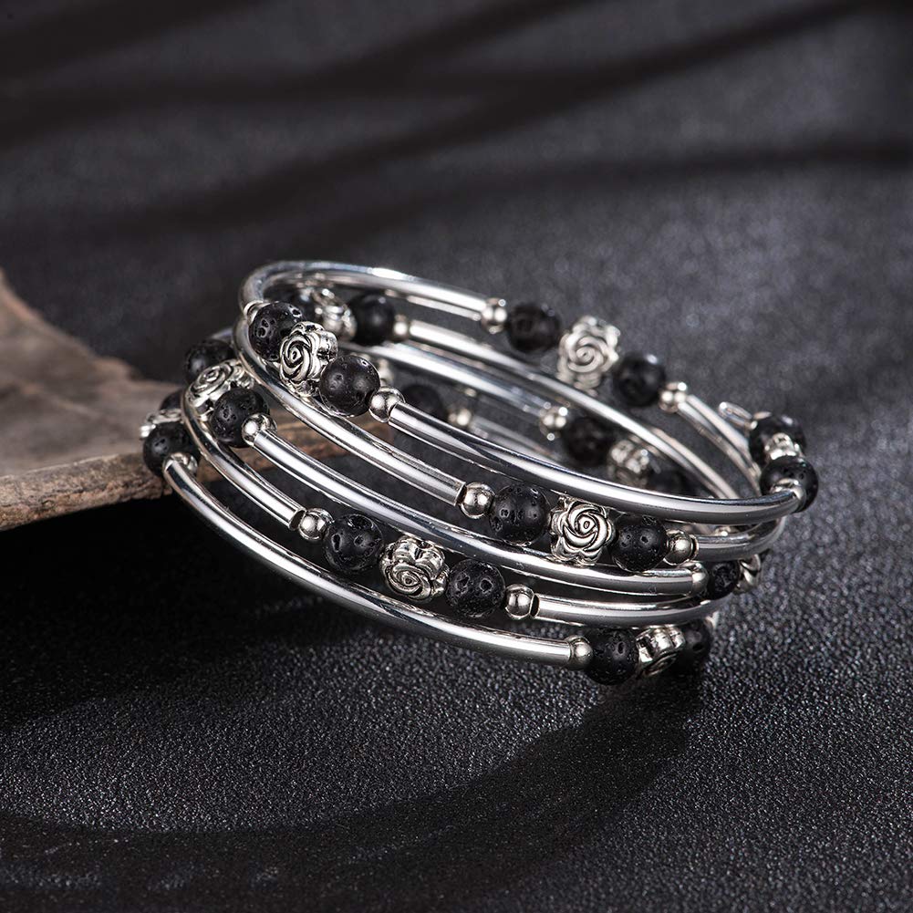 BULINLIN Wrap Bangle Rose Bead Bracelet - Beaded Bracelet with Natural Agate Stone Gifts For Women(01-Lava black)