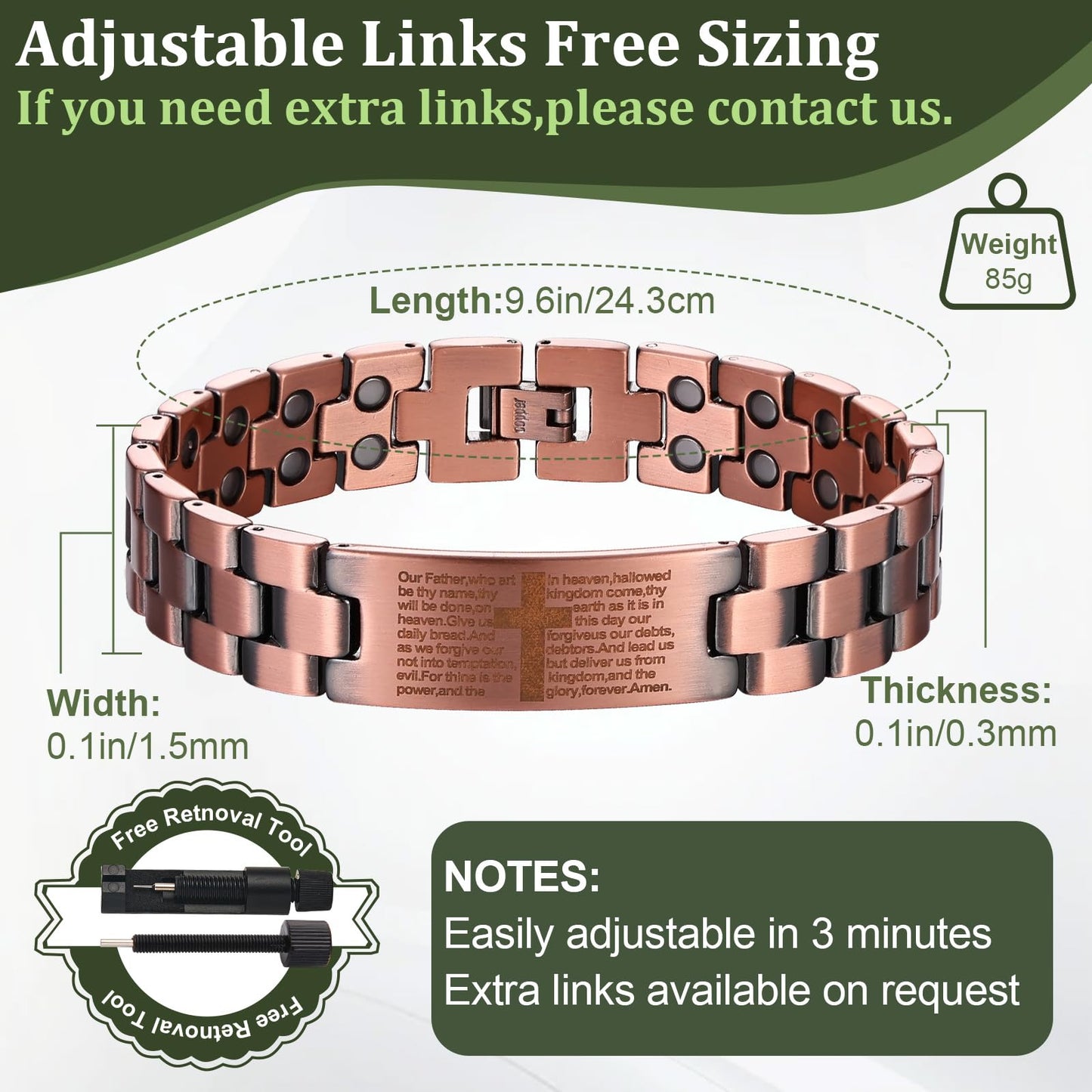 Fashtour Copper Magnetic Cross Bracelet for Men - Ultra Strength Magnetic Mens Cross - With Size Adjustment Tool (Copper CB184AC)
