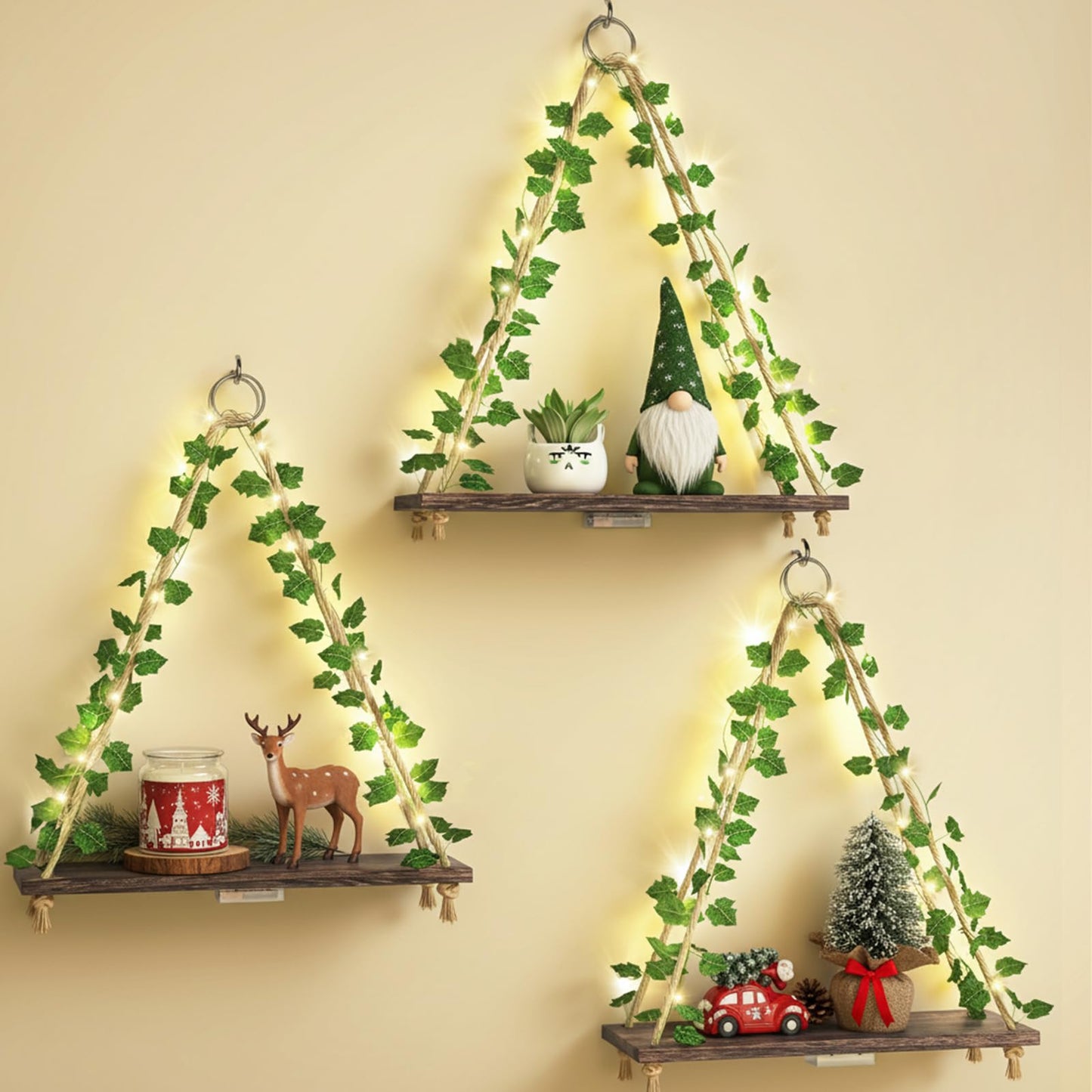Fixwal Artificial Ivy LED-Strip Floating Shelves Set of 3, Macrame Hanging Shelves Plant Wall Decor, Rustic Boho Wood Wall Storage Shelves for Bedroom, Living Room, Bathroom Decor (Dark Brown)