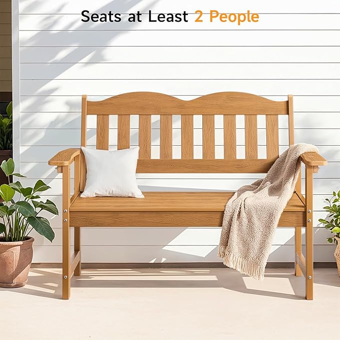 ONBRILL Outdoor Bench, 2-Person Poly Lumber Garden Bench with 800 lbs Weight Capacity, All-Weather Patio Bench with Armrests and Backrest for Garden, Porch, Backyard and Park, Teak
