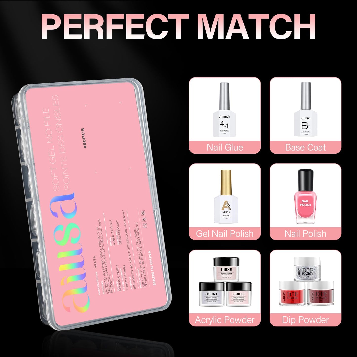 AILLSA Short Almond Nail Tips 450PCS Acrylic Gel Double-sided Matte Clear Pre-Buff Gel Nail Tips No Need Base Coat Press on Nails Tips for Extension 15 Sizes