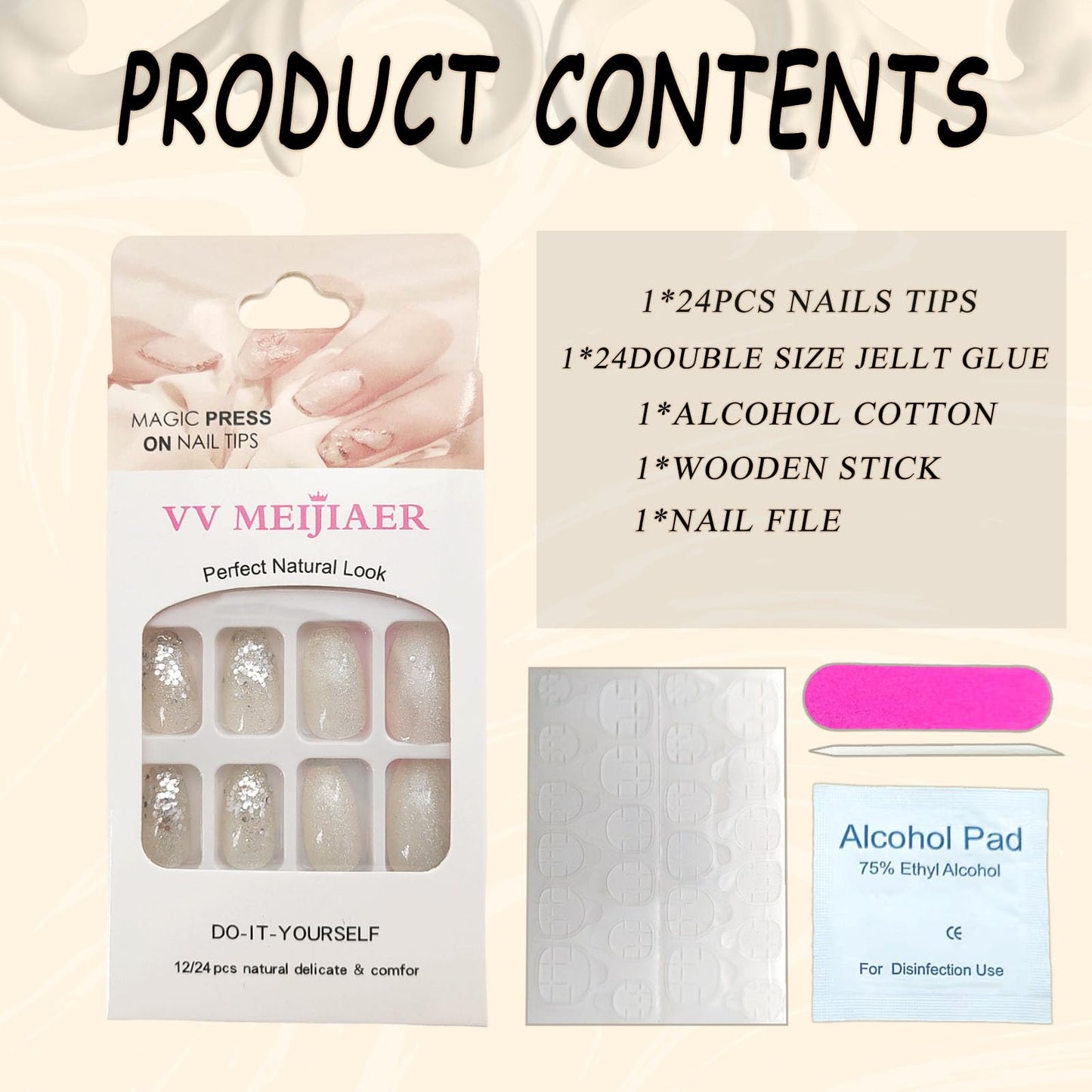 White Press on Nails Short Coffin Fake Nails Silver Glitter and Sequins Designs Glue on Nails Glossy Full Cover Acrylic Nails Simple and Natural Stick on Nails for Women 24 Pcs